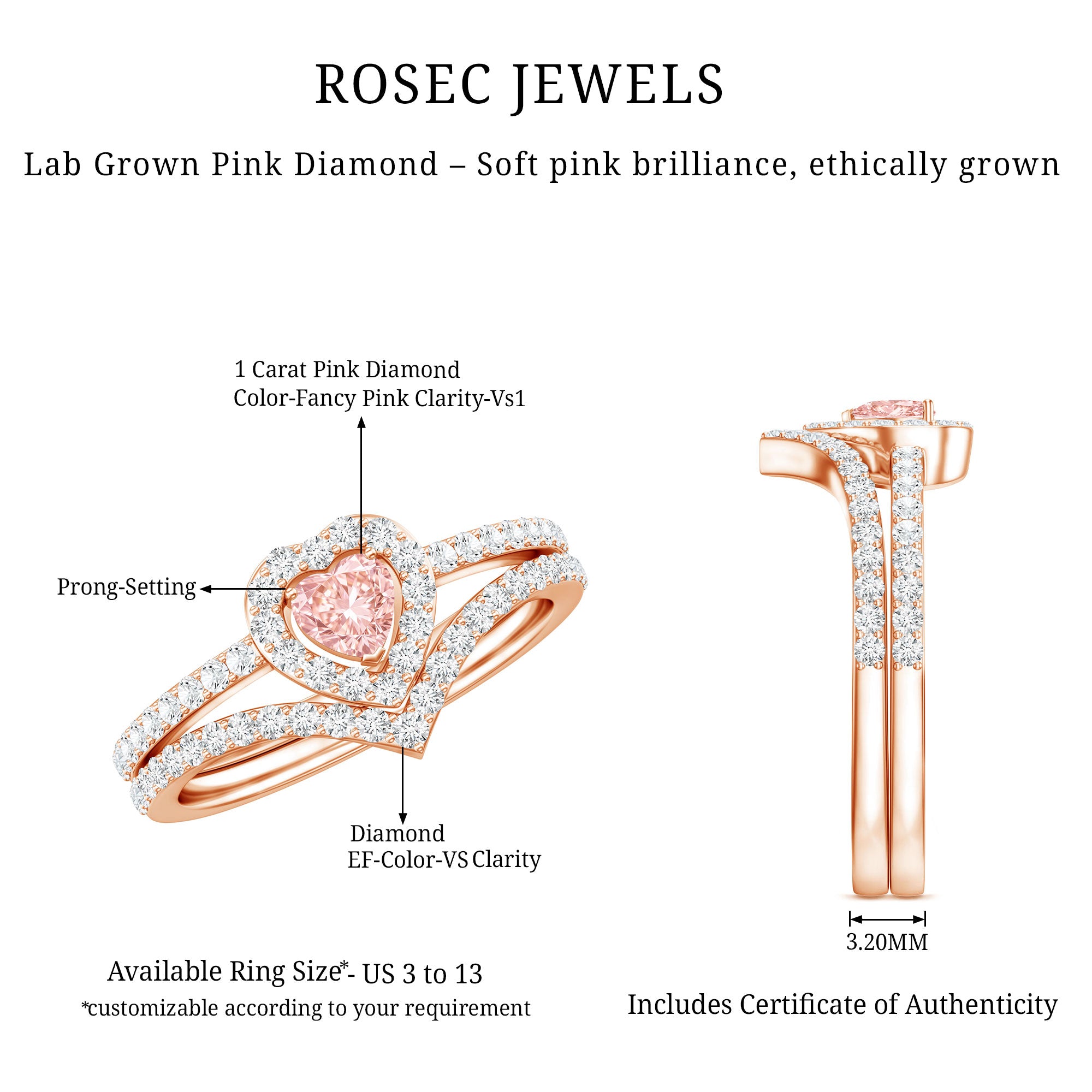 Heart Shape Lab Grown Pink and White Diamond Wedding Ring Set with IGI Certificate Fancy Pink - VS1 - Rosec Jewels