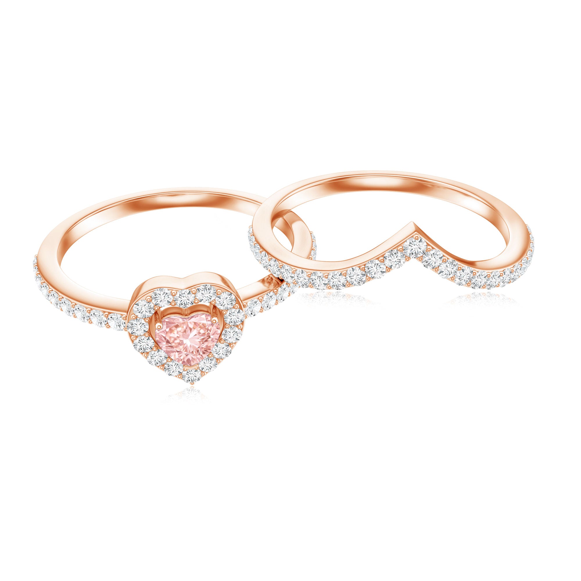 Rosec Jewels-Heart Shape Lab Grown Pink and White Diamond Wedding Ring Set