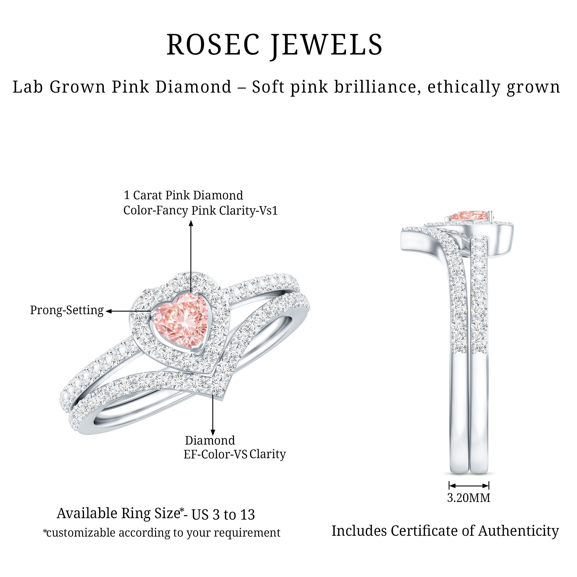 Heart Shape Lab Grown Pink and White Diamond Wedding Ring Set with IGI Certificate Fancy Pink - VS1 - Rosec Jewels
