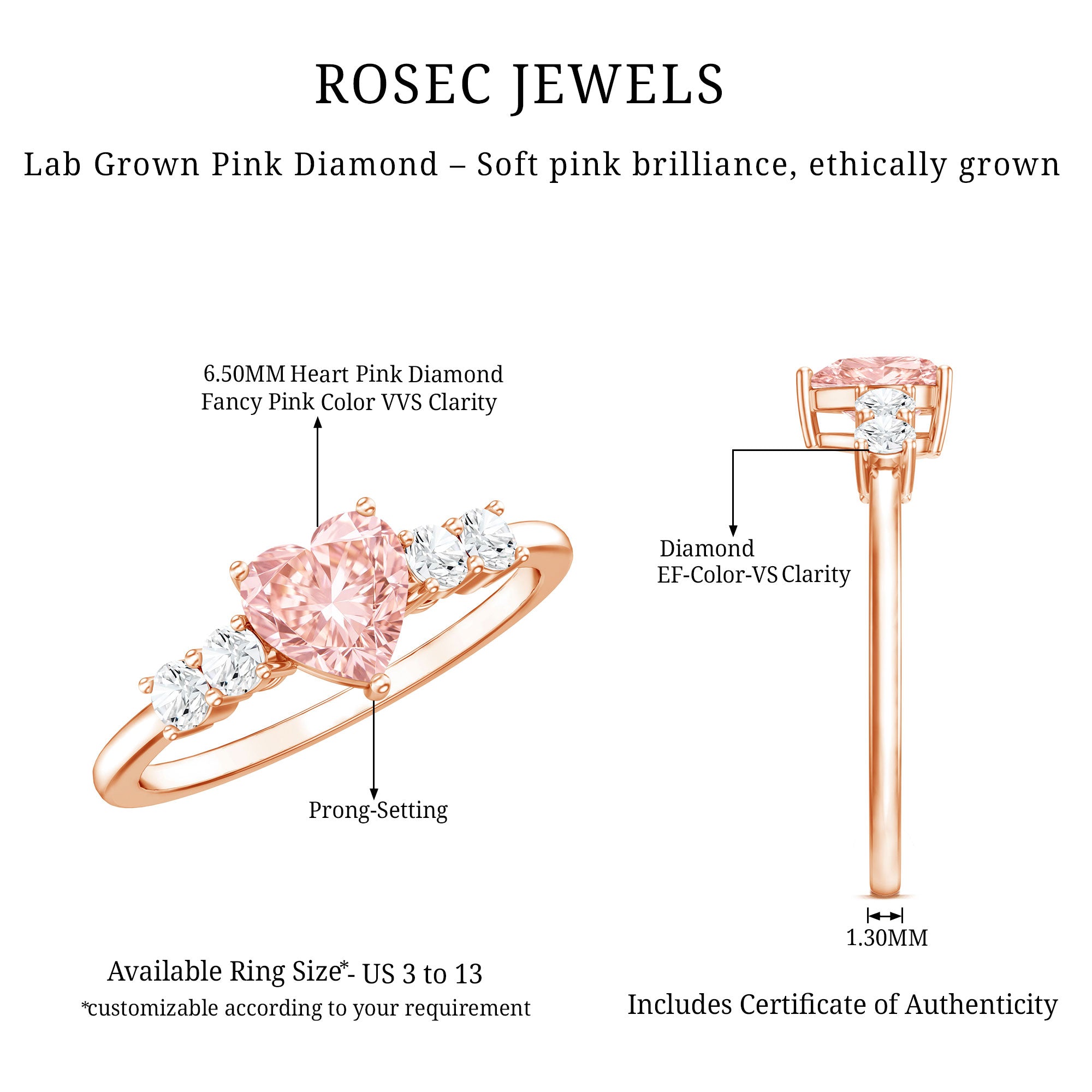 IGI Certified 1 Carat Lab Grown Pink and White Diamond Heart Promise Ring for Her E-VS1 - Rosec Jewels