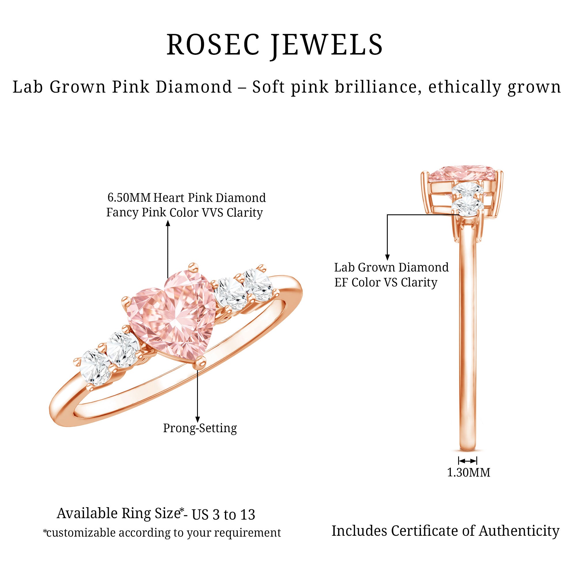 IGI Certified 1 Carat Lab Grown Pink and White Diamond Heart Promise Ring for Her VS1 - Rosec Jewels
