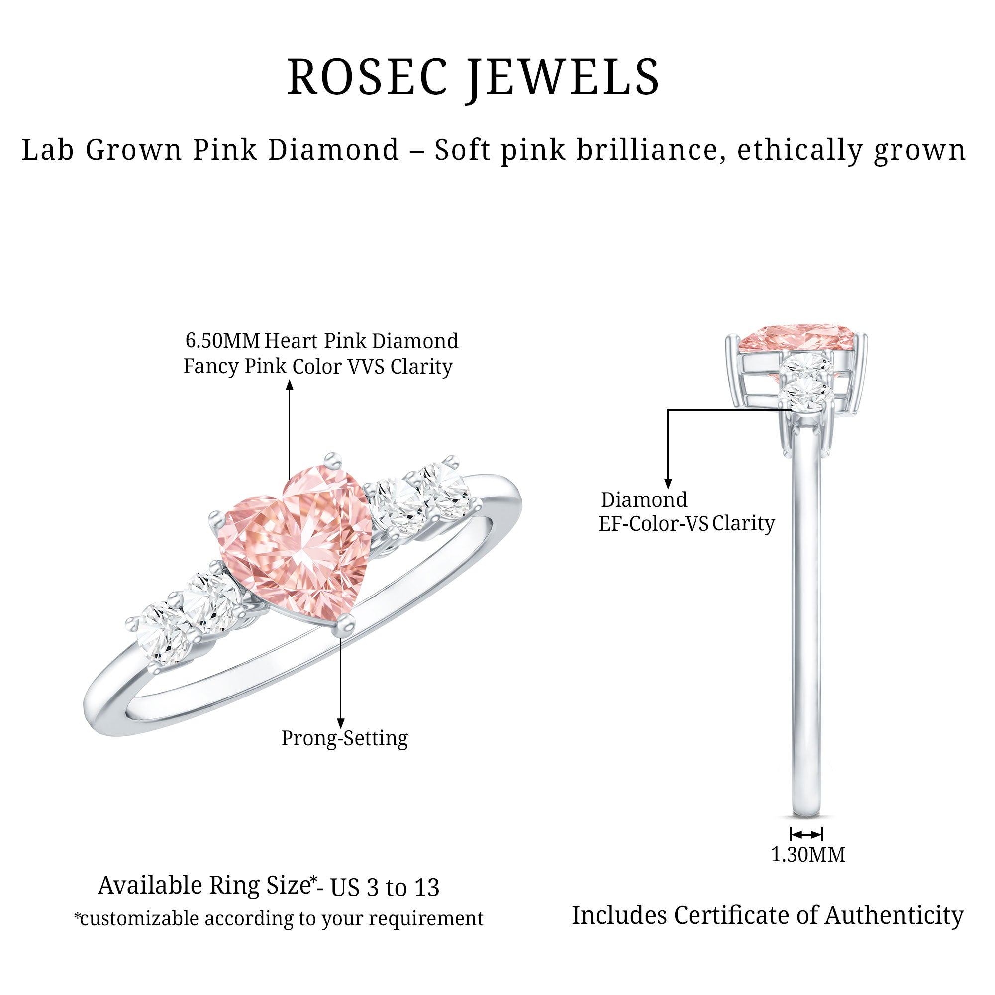 IGI Certified 1 Carat Lab Grown Pink and White Diamond Heart Promise Ring for Her E-VS1 - Rosec Jewels