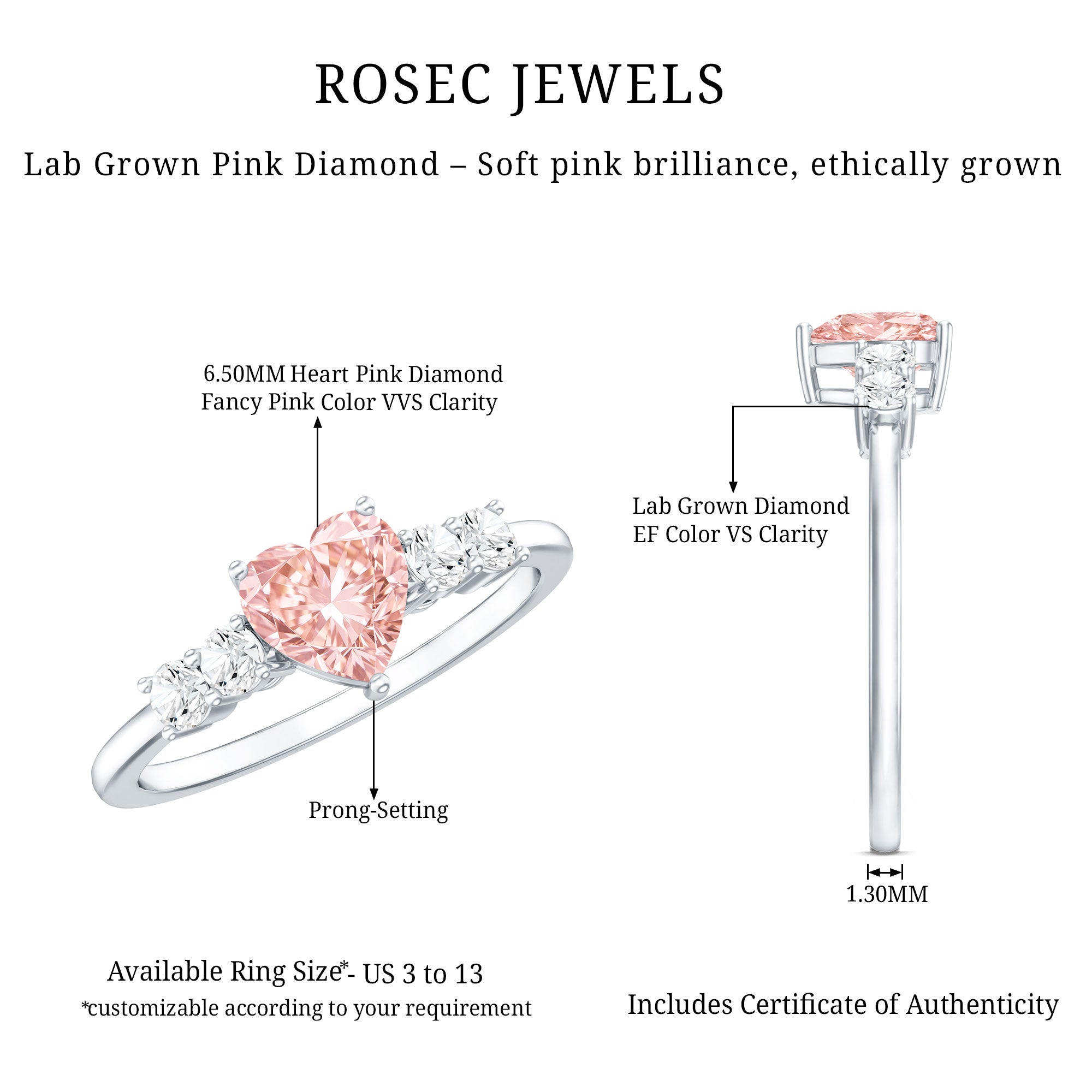 IGI Certified 1 Carat Lab Grown Pink and White Diamond Heart Promise Ring for Her VS1 - Rosec Jewels