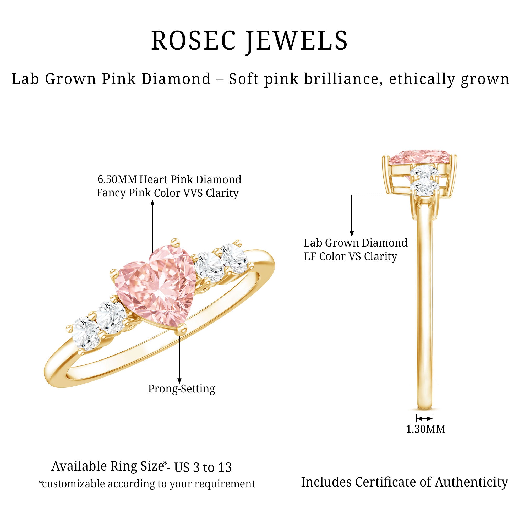 IGI Certified 1 Carat Lab Grown Pink and White Diamond Heart Promise Ring for Her VS1 - Rosec Jewels