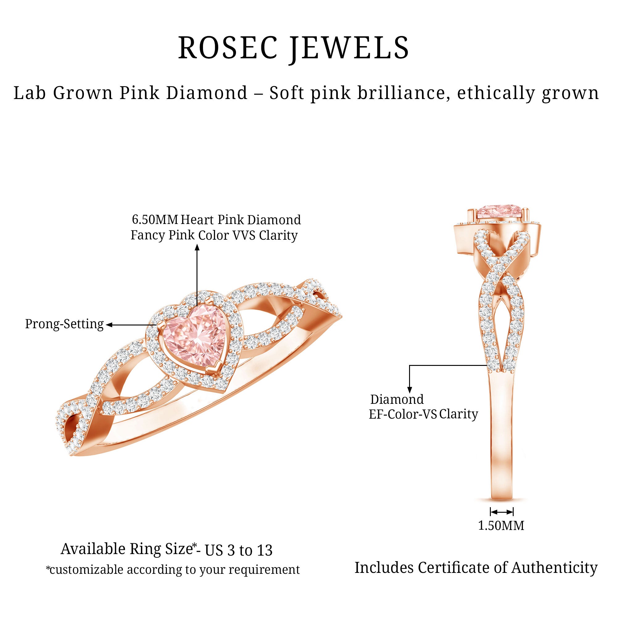 IGI Certified 1 Carat Lab Grown Pink and White Diamond Classic Engagement Ring E-VS1 - Rosec Jewels