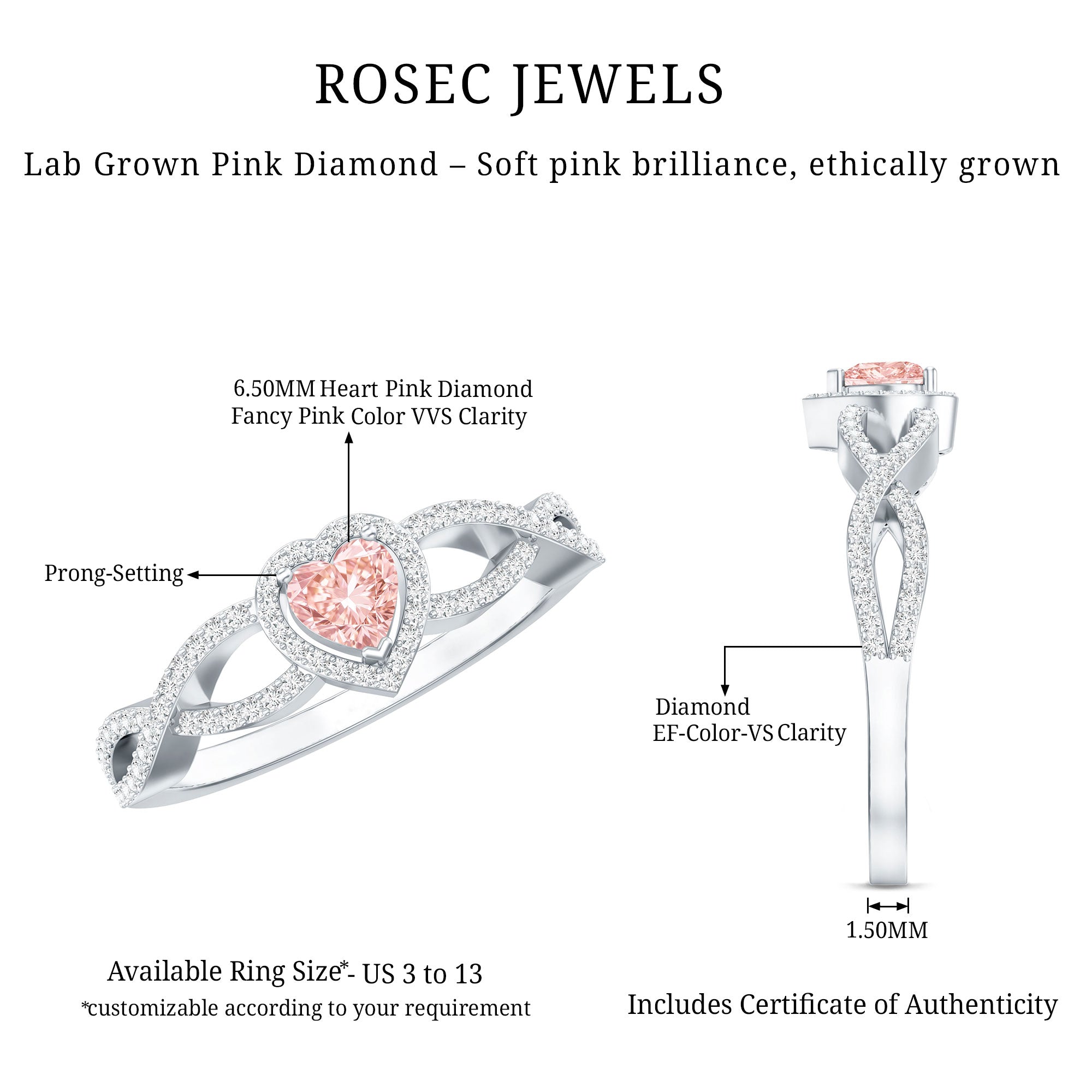 IGI Certified 1 Carat Lab Grown Pink and White Diamond Classic Engagement Ring E-VS1 - Rosec Jewels