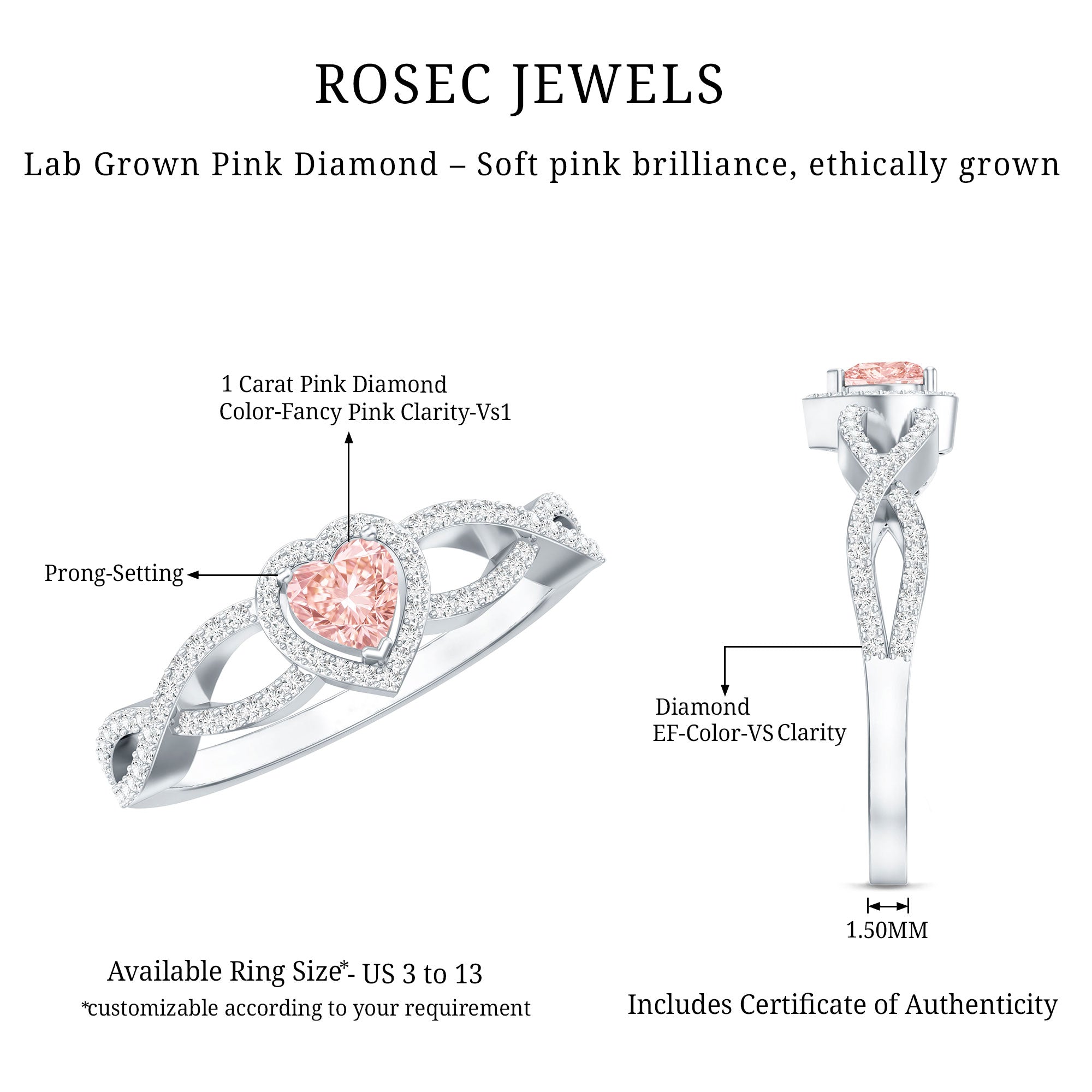 IGI Certified 1 Carat Lab Grown Pink and White Diamond Classic Engagement Ring Fancy Pink - VS1 - Rosec Jewels