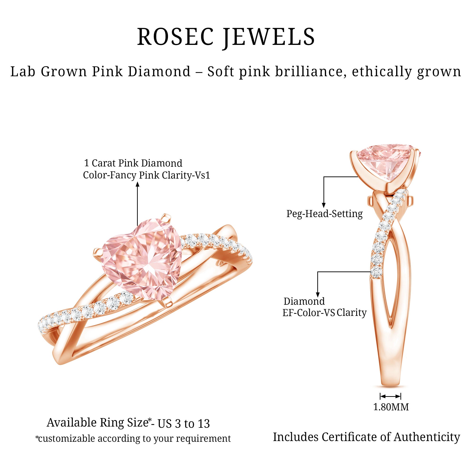 IGI Certified 1 CT Solitaire Lab Grown Pink Diamond Heart Engagement Ring Fancy Pink - VS1 - Rosec Jewels