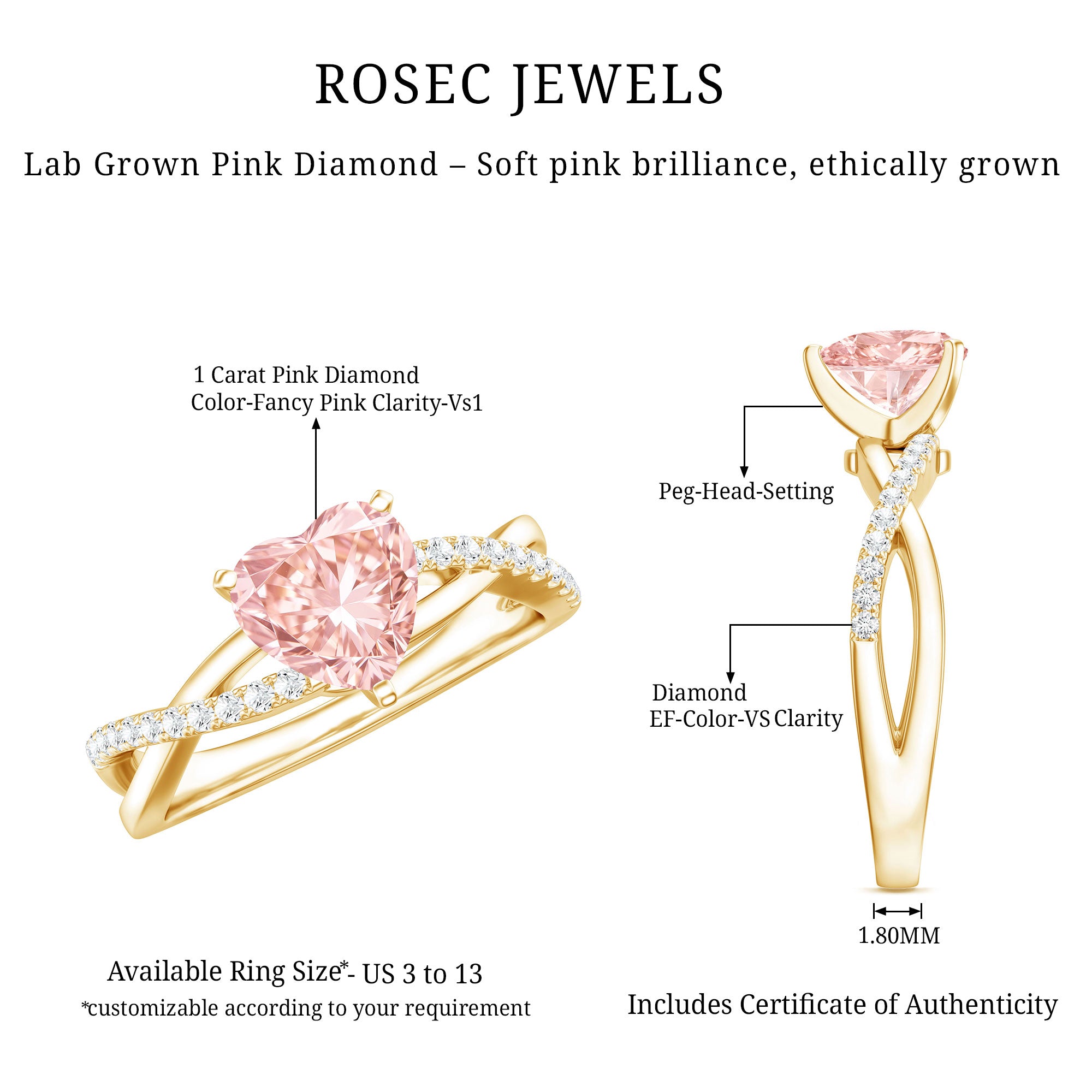 IGI Certified 1 CT Solitaire Lab Grown Pink Diamond Heart Engagement Ring Fancy Pink - VS1 - Rosec Jewels