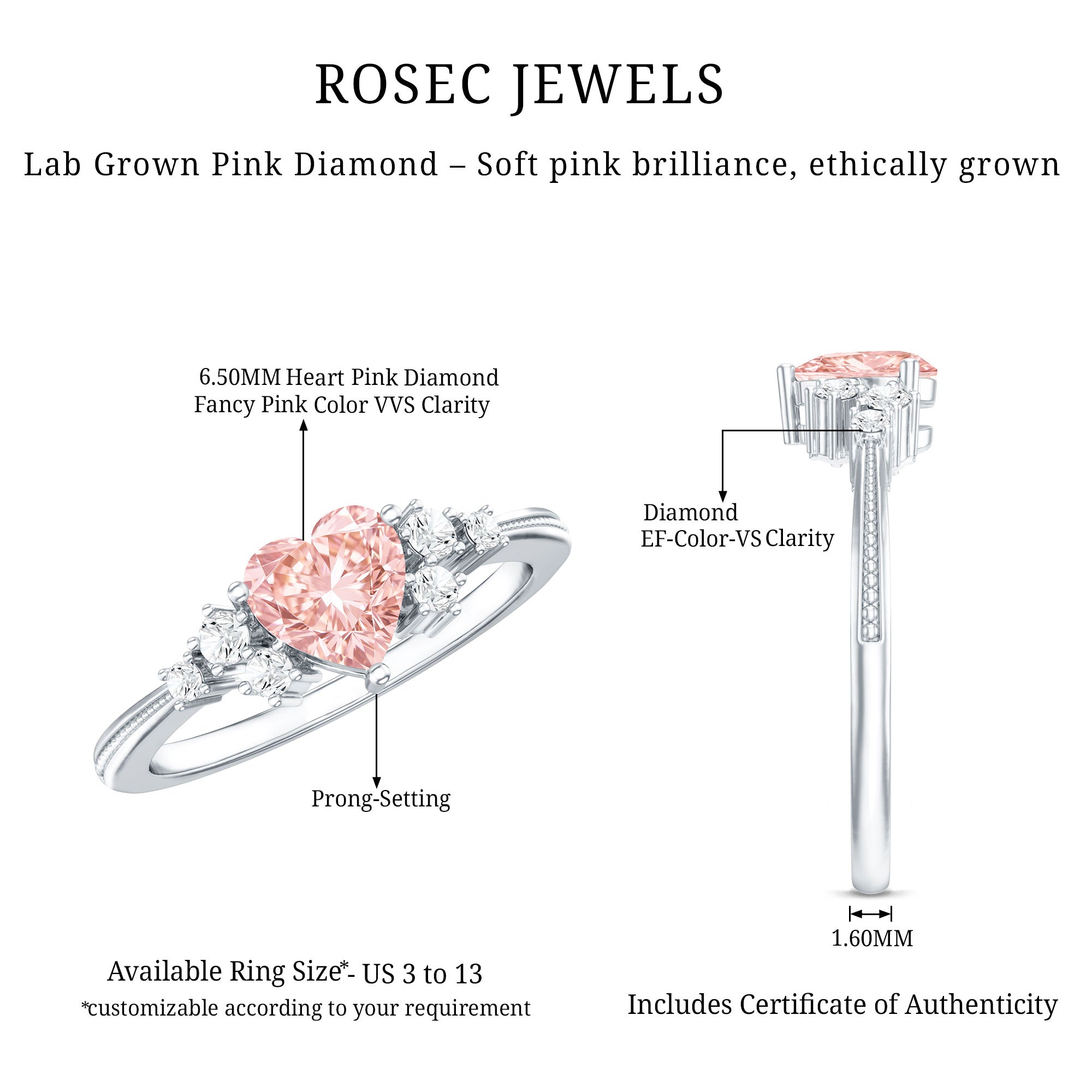 1 CT Lab Grown Pink and White Diamond Heart Engagement Ring IGI Certified E-VS1 - Rosec Jewels