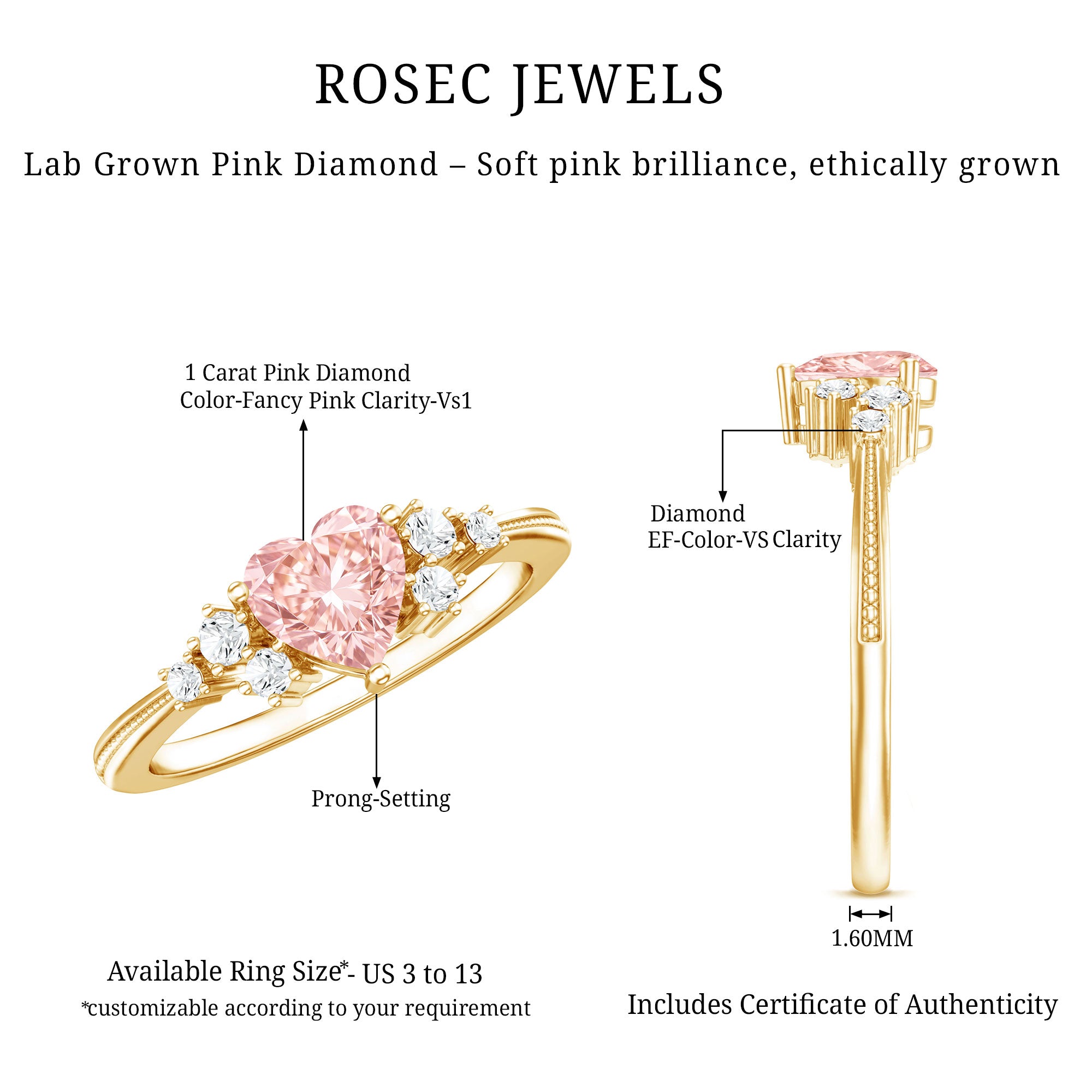 1 CT Lab Grown Pink and White Diamond Heart Engagement Ring IGI Certified Fancy Pink - VS1 - Rosec Jewels