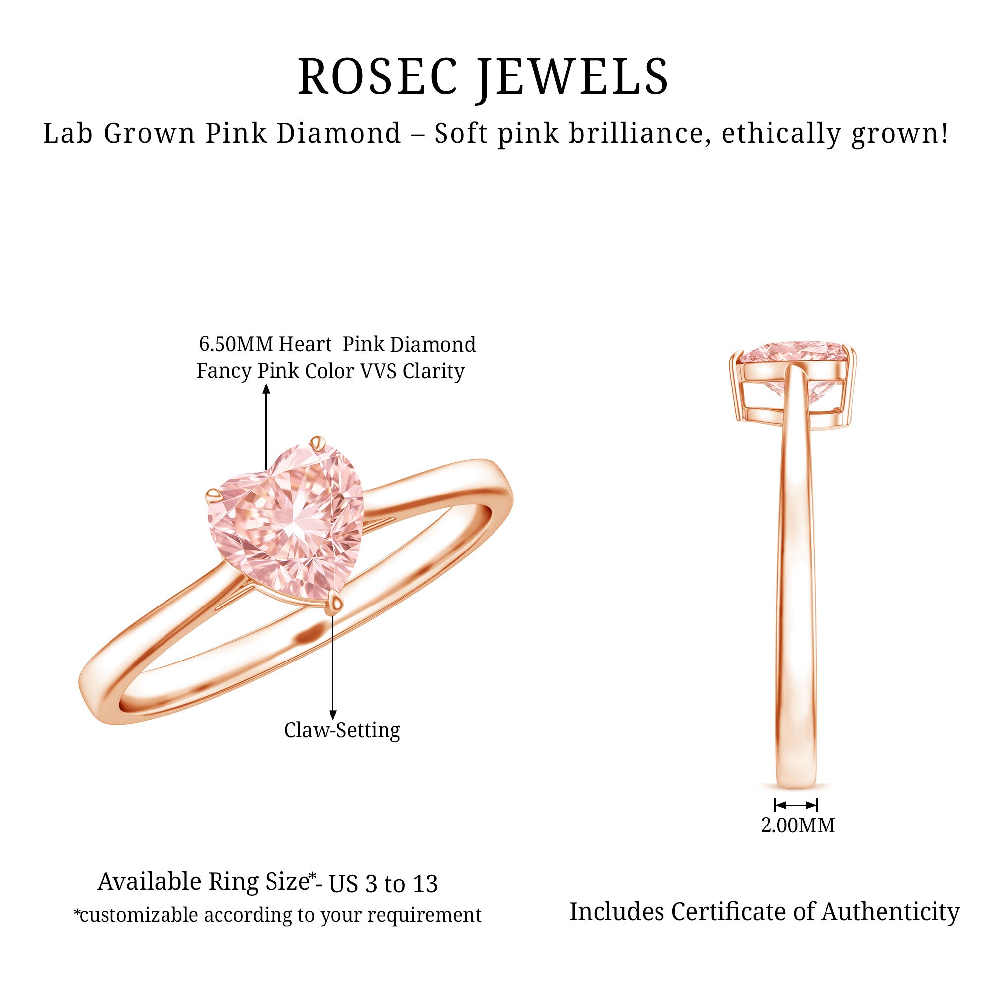 1 CT Lab Grown Pink Diamond Heart Promise Ring with IGI Certificate VVS - Rosec Jewels
