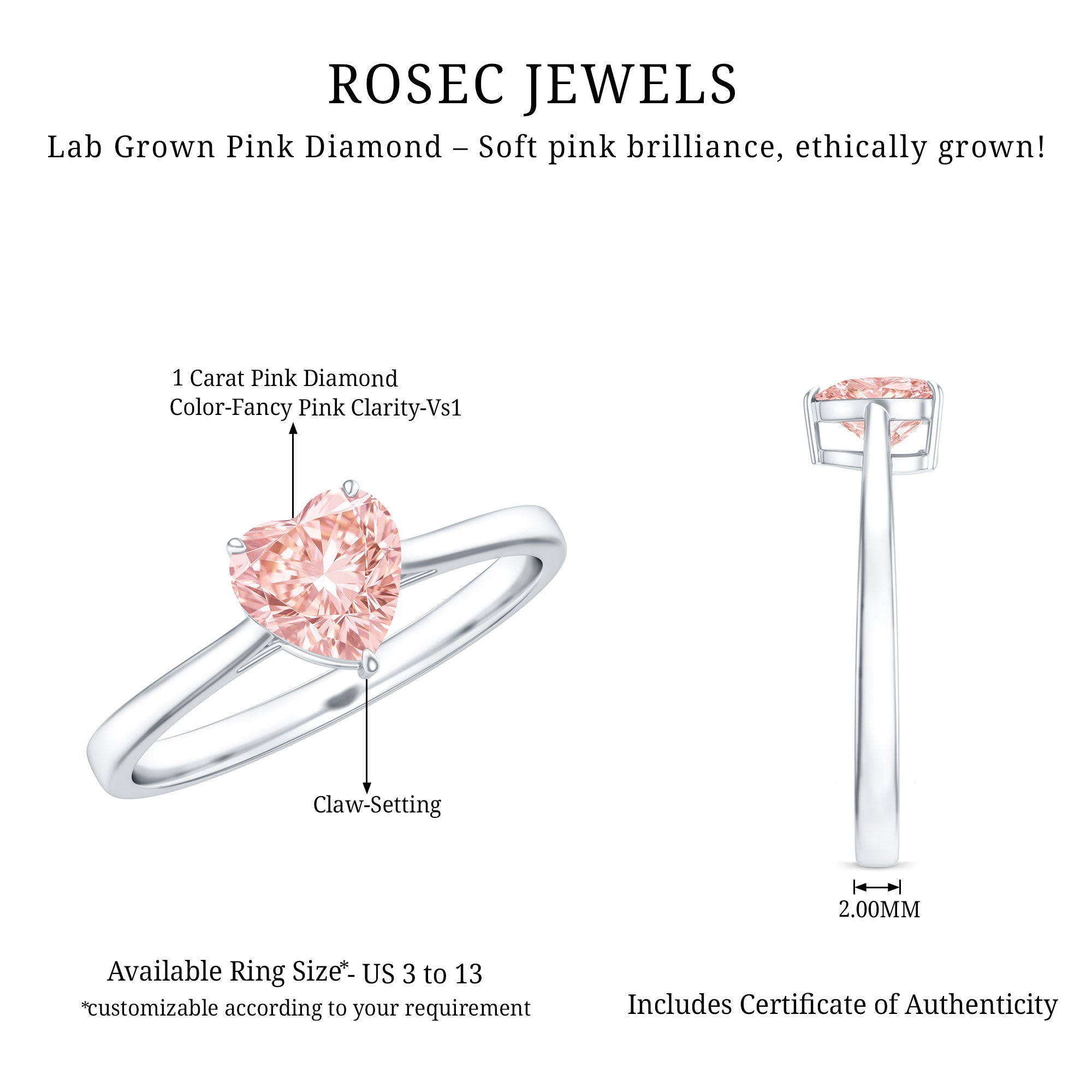 1 CT Lab Grown Pink Diamond Heart Promise Ring with IGI Certificate Fancy Pink - VS1 - Rosec Jewels