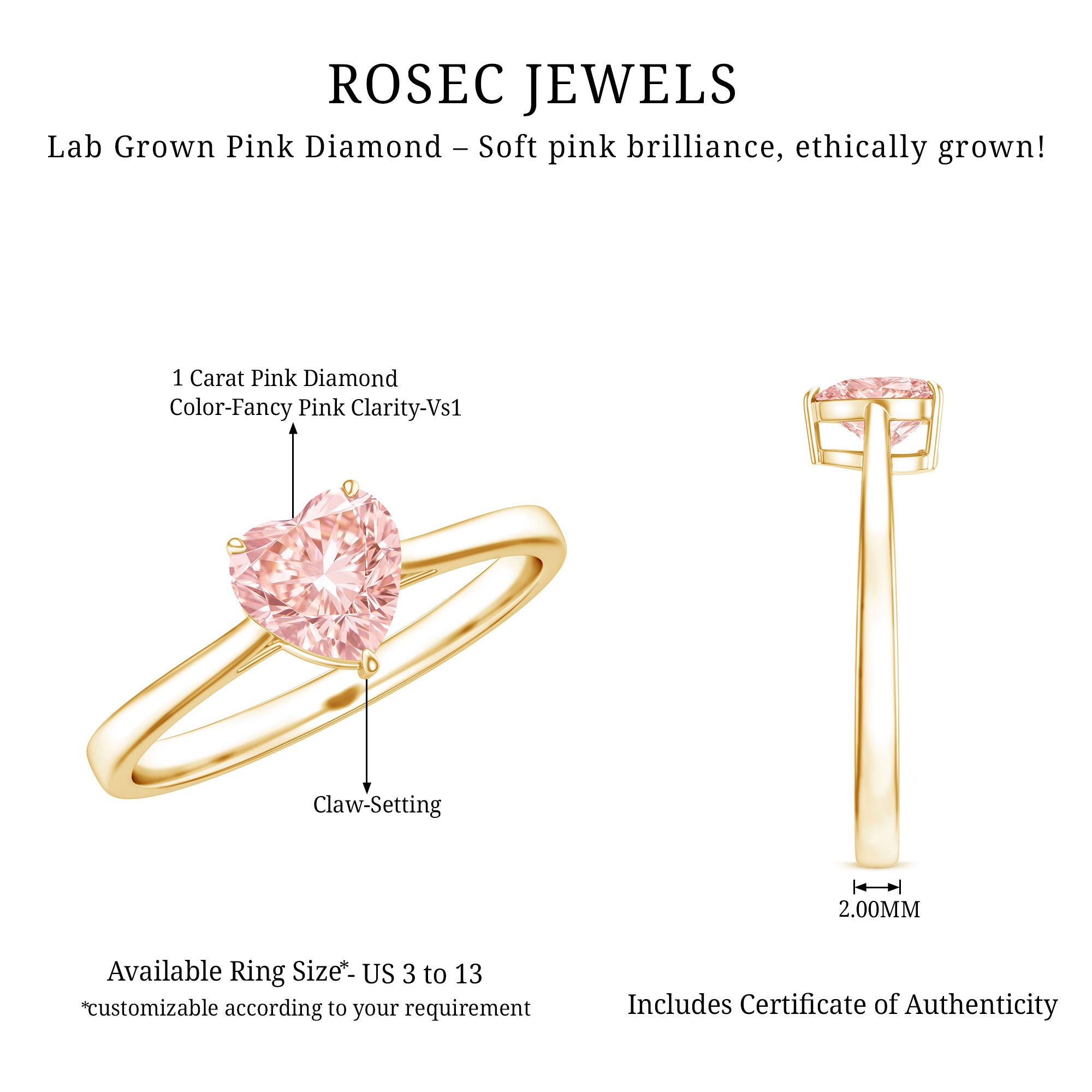 1 CT Lab Grown Pink Diamond Heart Promise Ring with IGI Certificate Fancy Pink - VS1 - Rosec Jewels