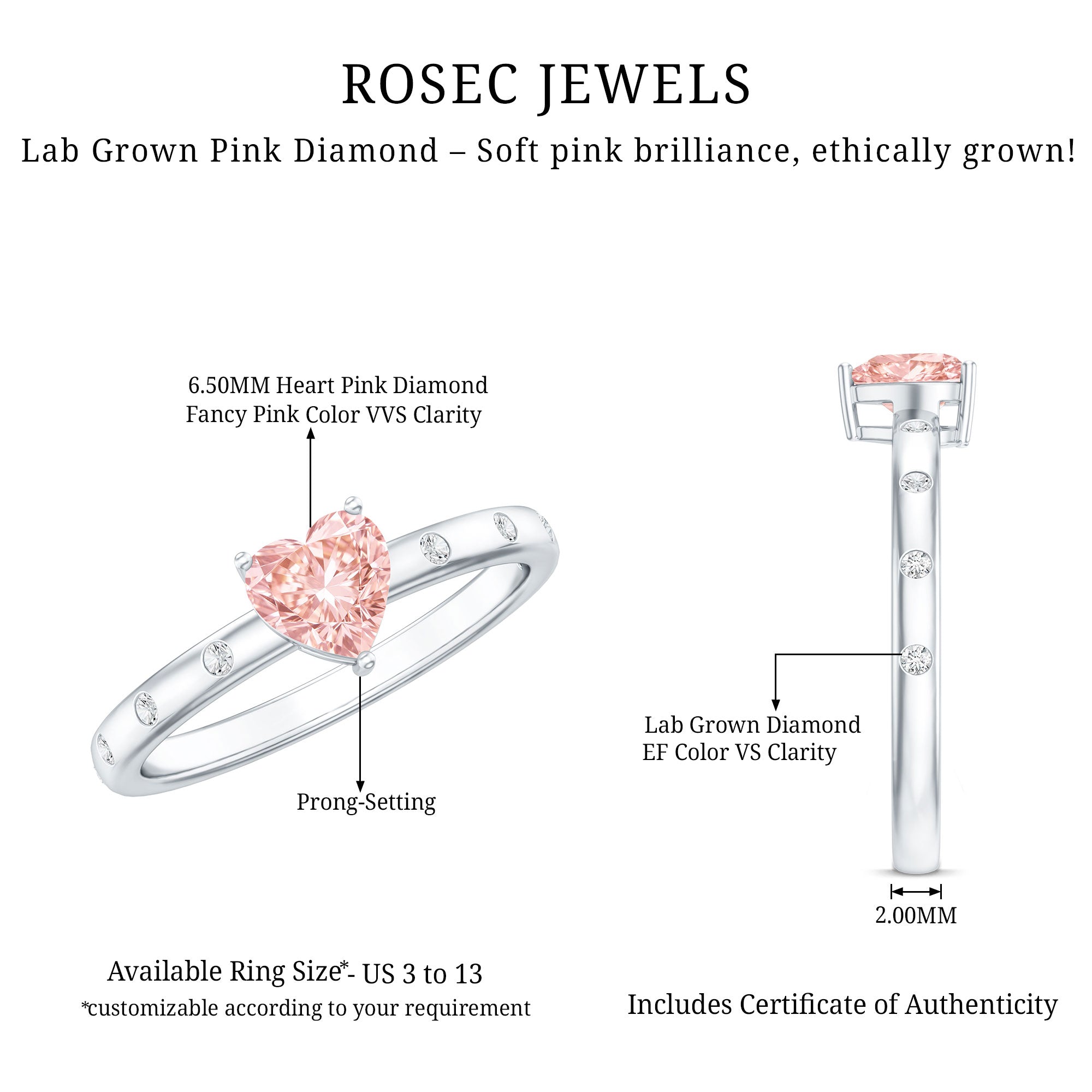 IGI Certified Solitaire Lab Grown Pink Diamond Engagement Ring for Women E-VS1 - Rosec Jewels