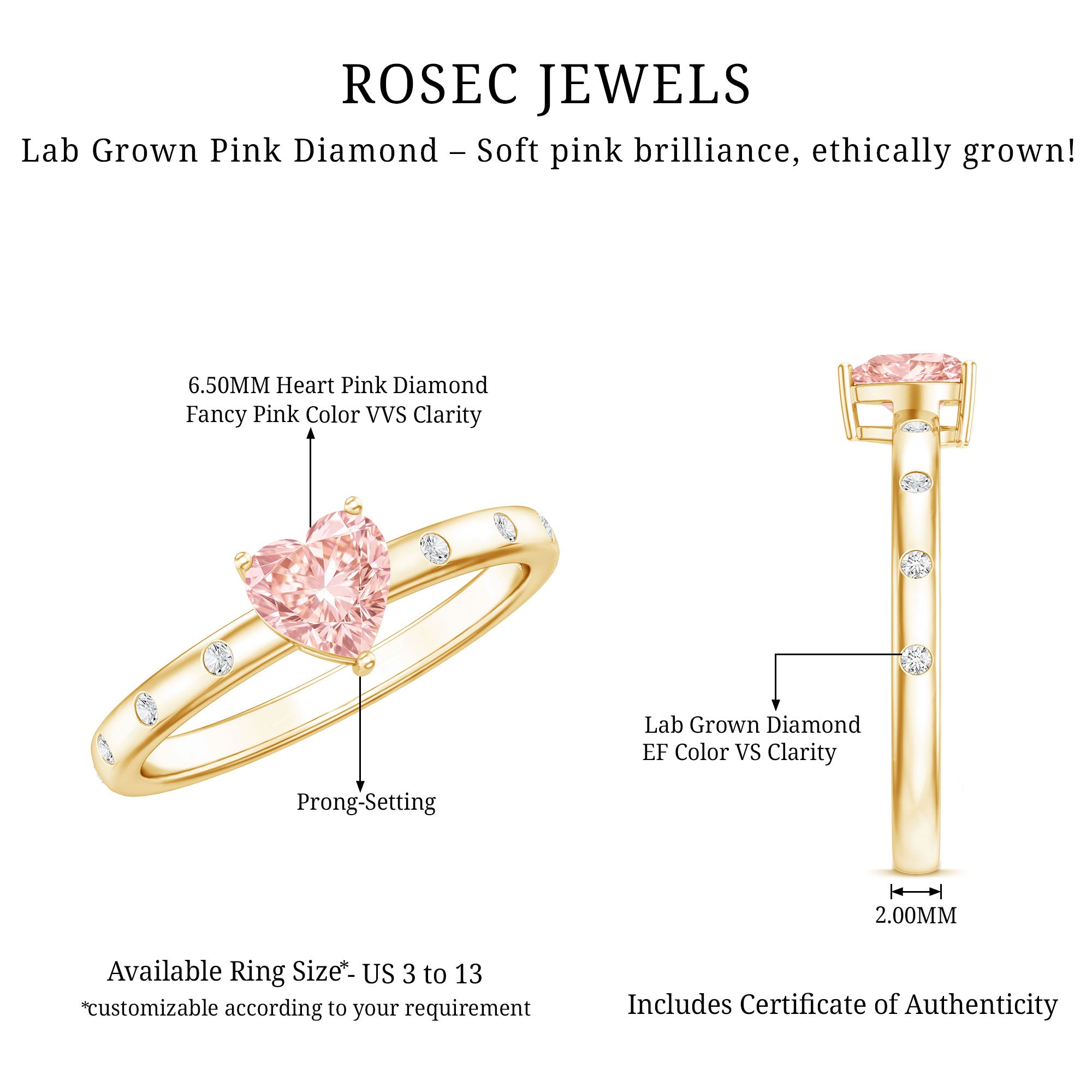 Rosec Jewels-Solitaire Lab Grown Pink Diamond Engagement Ring for Women