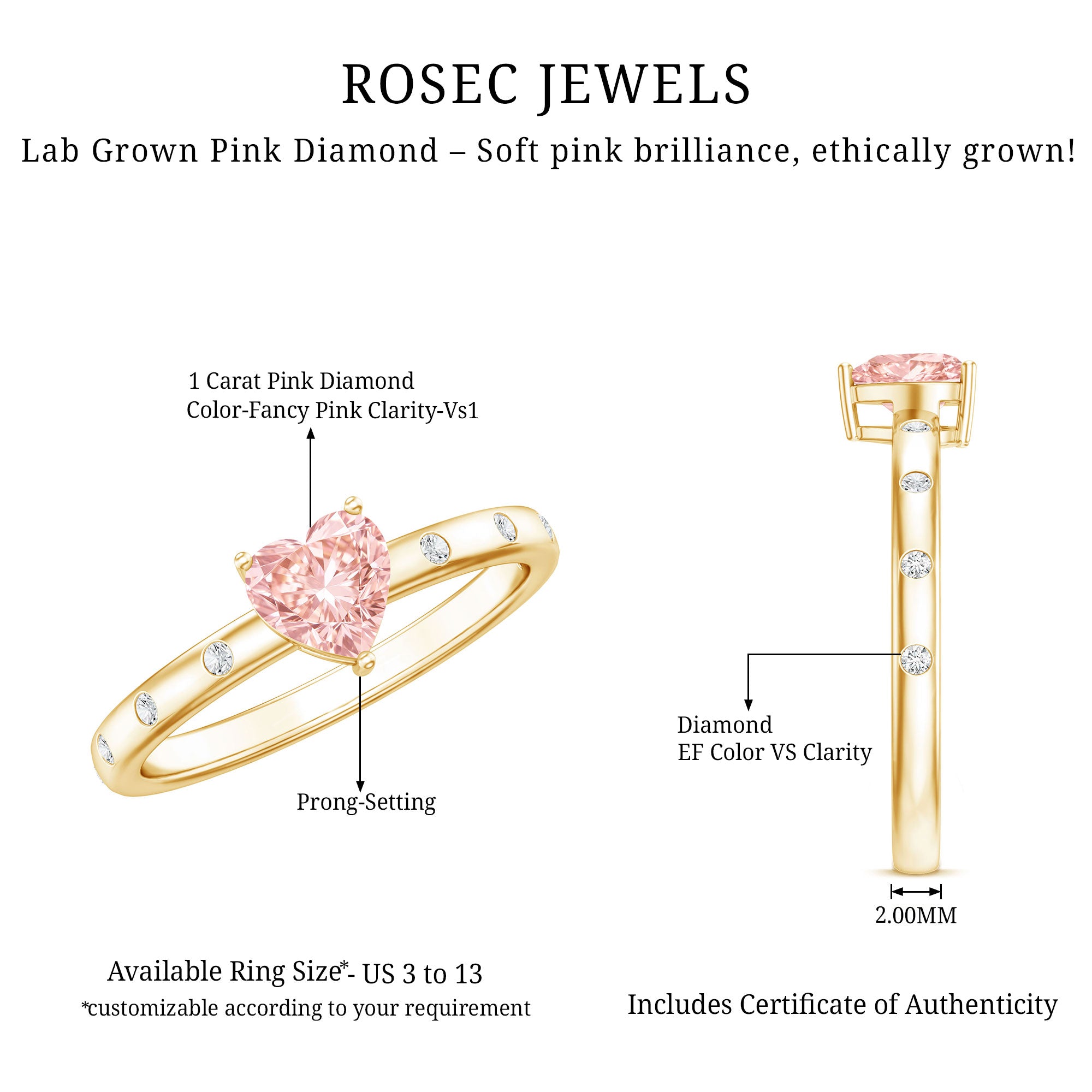 IGI Certified Solitaire Lab Grown Pink Diamond Engagement Ring for Women Fancy Pink - VS1 - Rosec Jewels