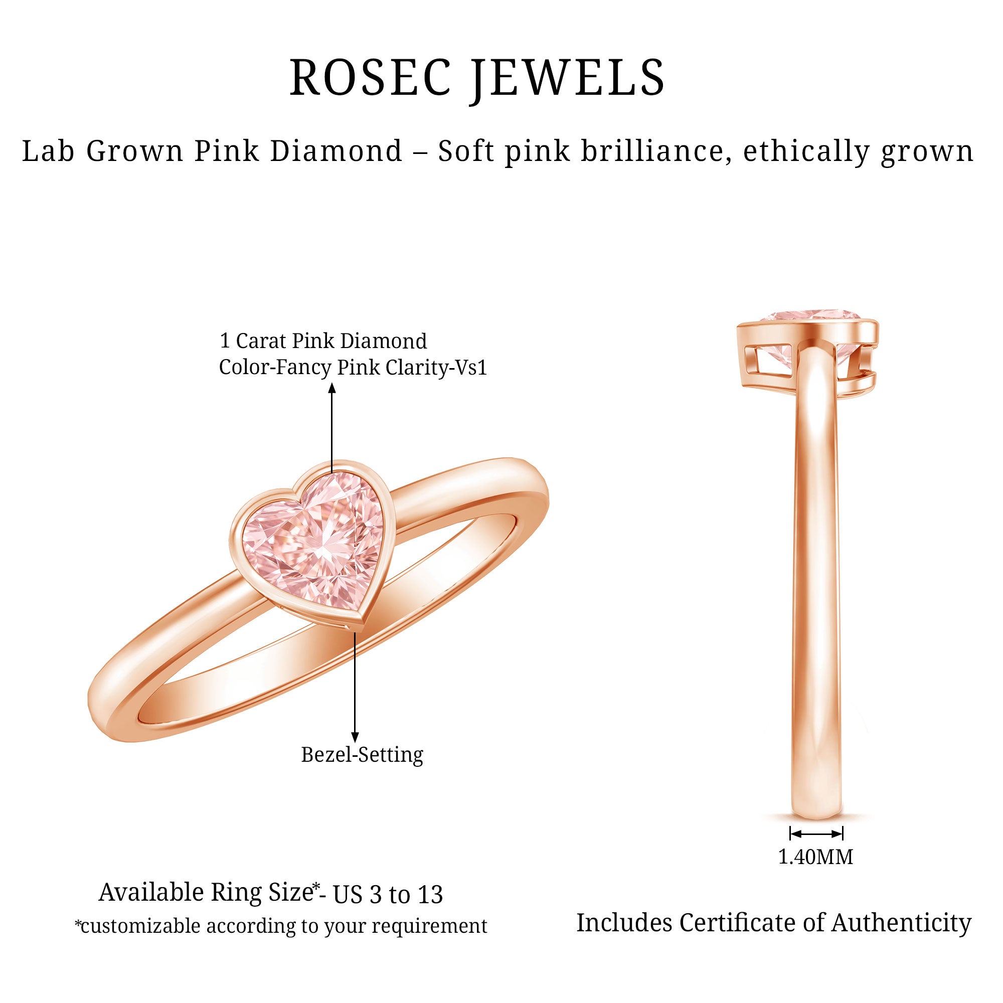 Bezel Set Lab Grown Pink Diamond Solitaire Promise Ring with IGI Certificate Fancy Pink - VS1 - Rosec Jewels