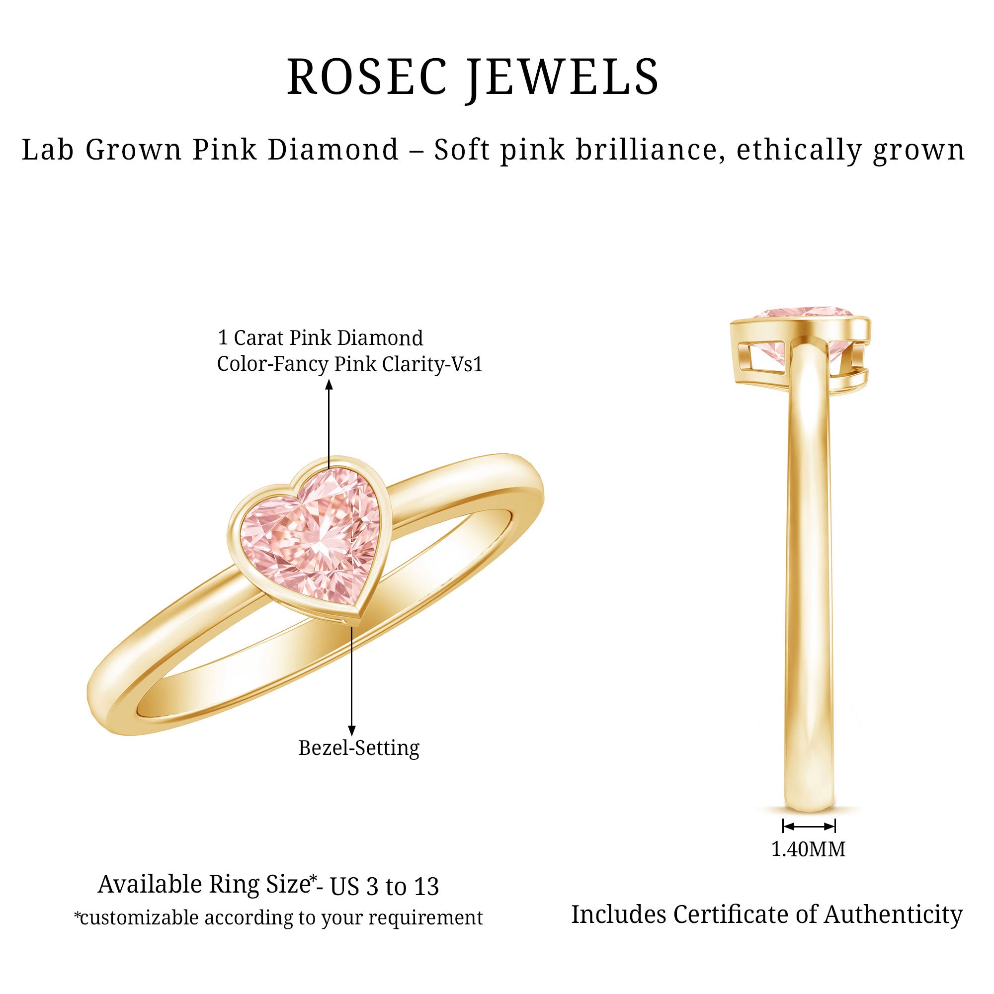 Bezel Set Lab Grown Pink Diamond Solitaire Promise Ring with IGI Certificate Fancy Pink - VS1 - Rosec Jewels