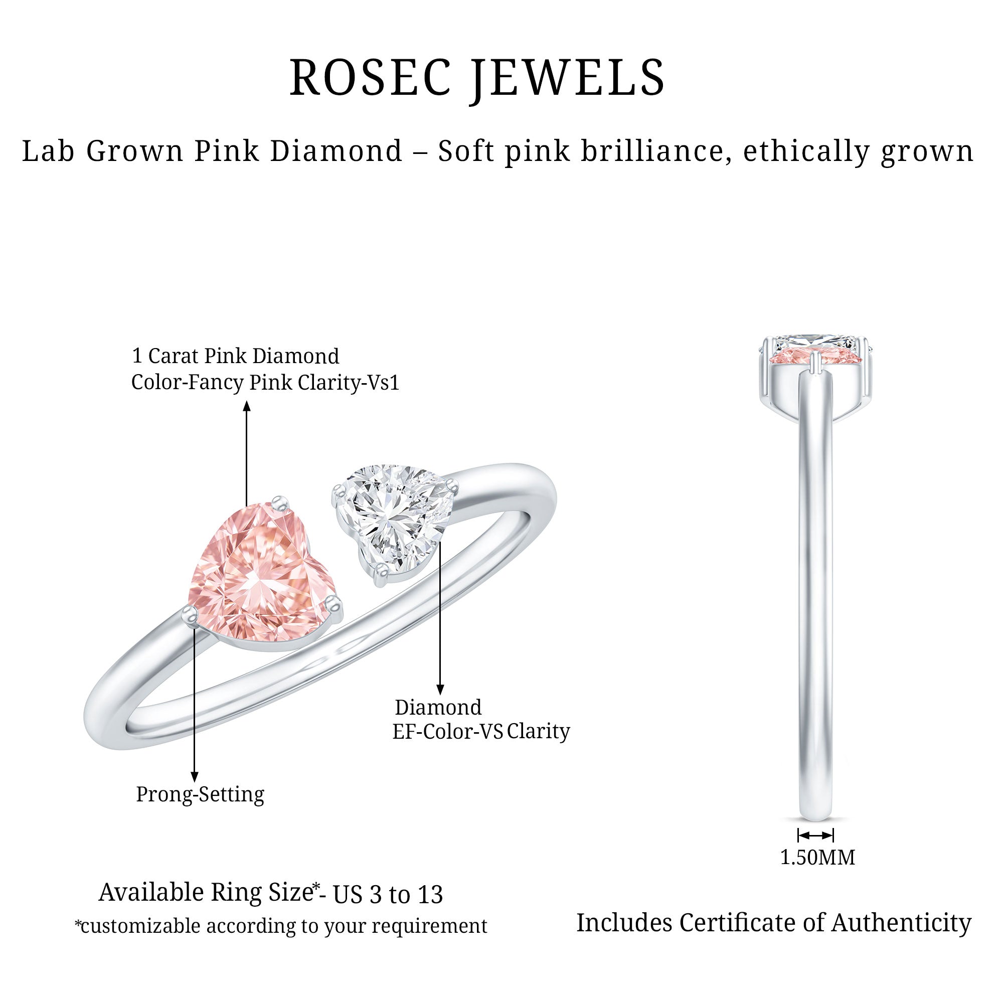 Heart Shape Lab Grown Pink White Diamond Toi Et Moi Promise Ring with IGI Certificate Fancy Pink - VS1 - Rosec Jewels