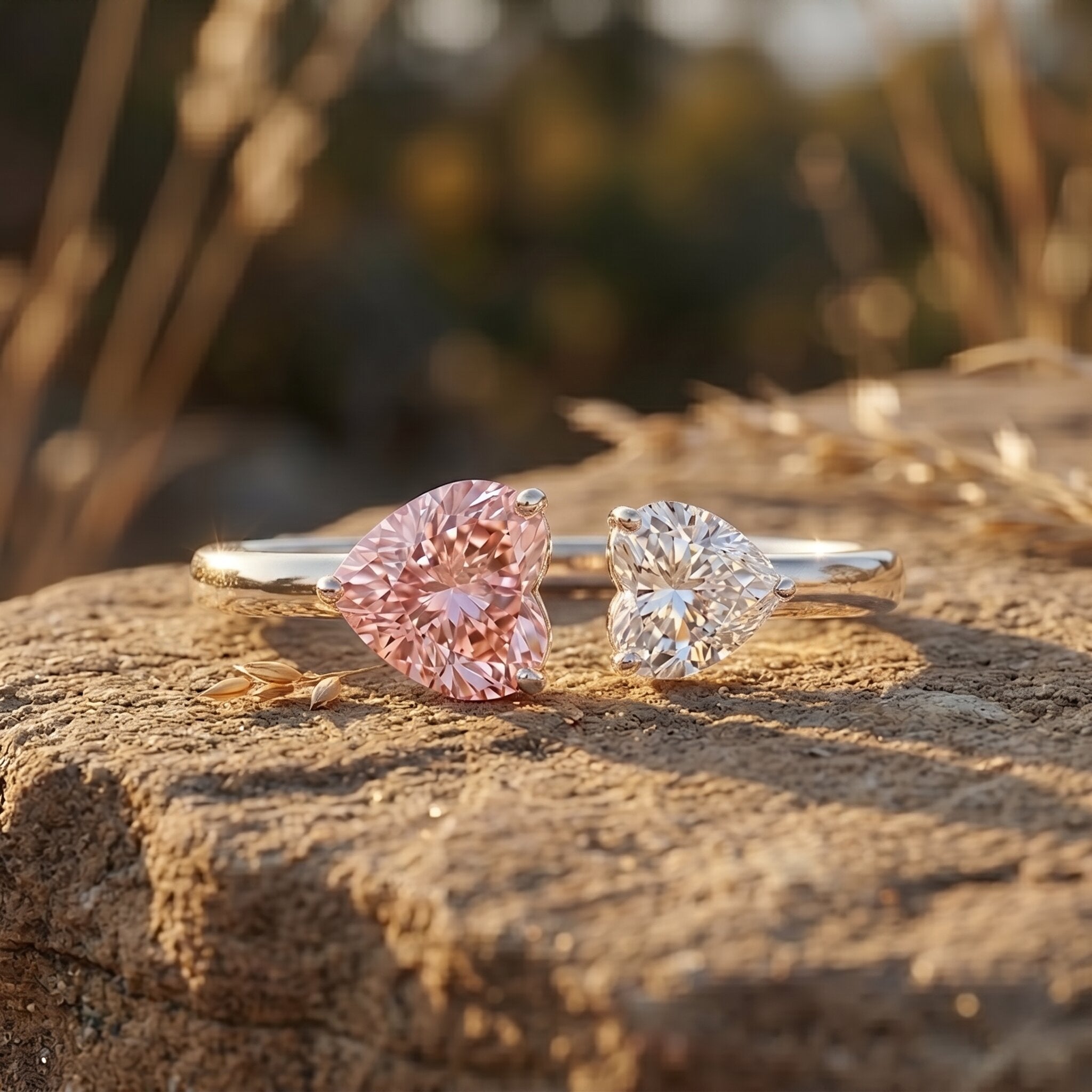 Heart Shape Lab Grown Pink White Diamond Toi Et Moi Promise Ring with IGI Certificate VVS - Rosec Jewels