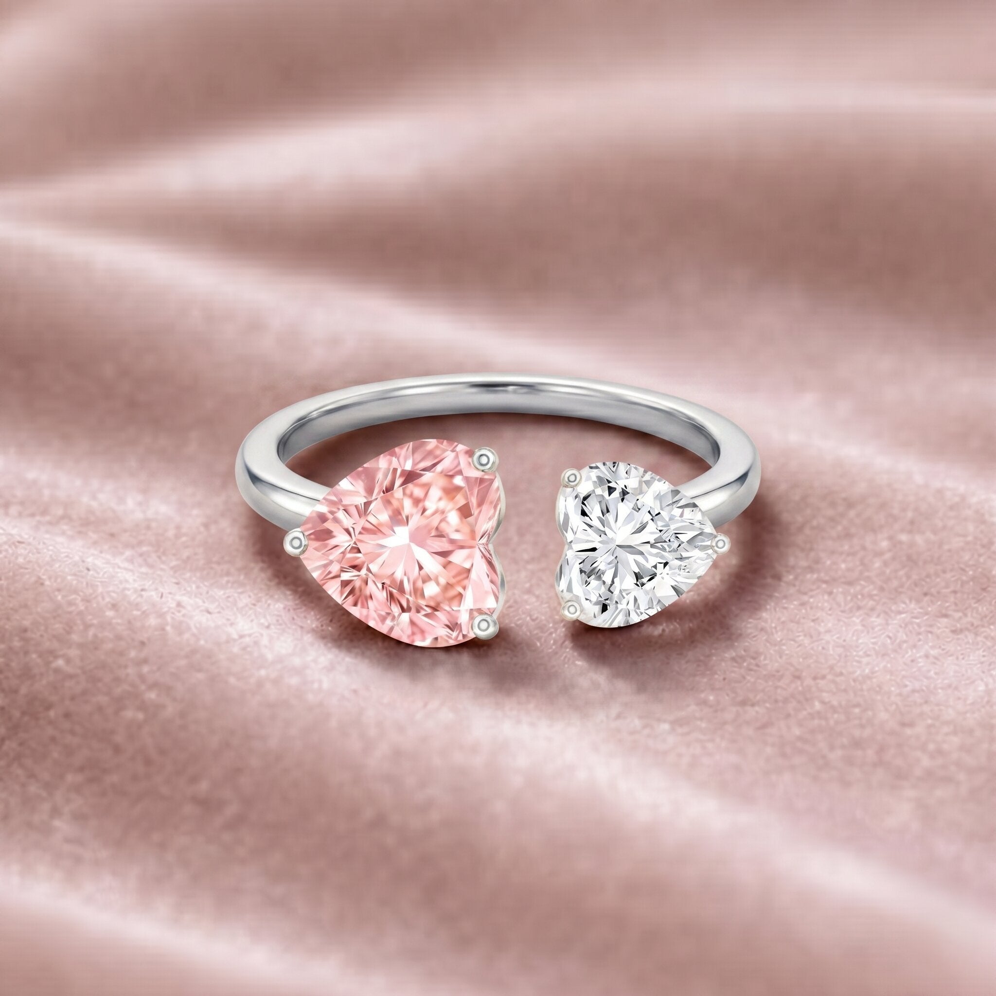 Heart Shape Lab Grown Pink White Diamond Toi Et Moi Promise Ring with IGI Certificate Fancy Pink - VS1 - Rosec Jewels