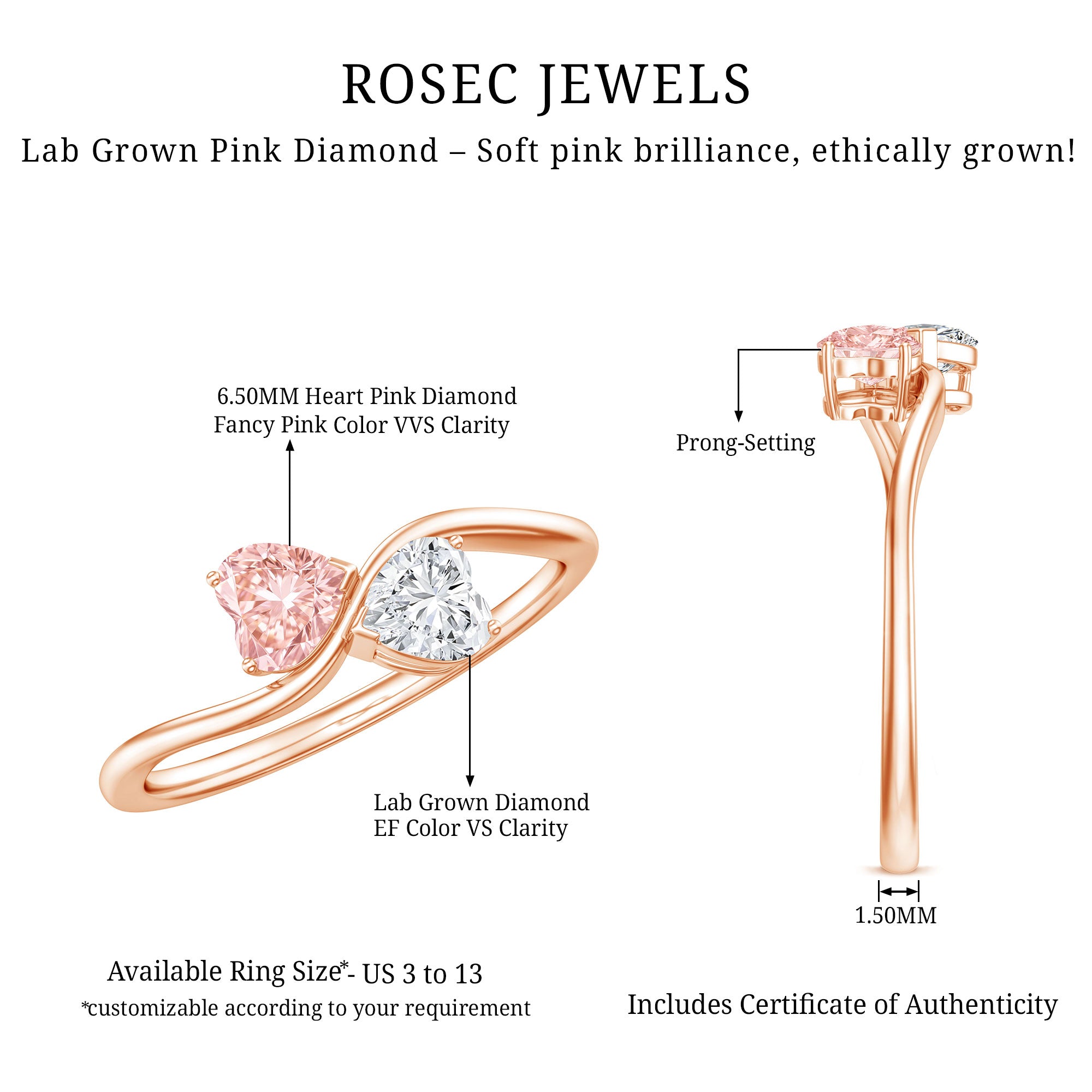 Lab Grown Pink and White Diamond Double Heart Promise Ring IGI Certified E-VS1 - Rosec Jewels