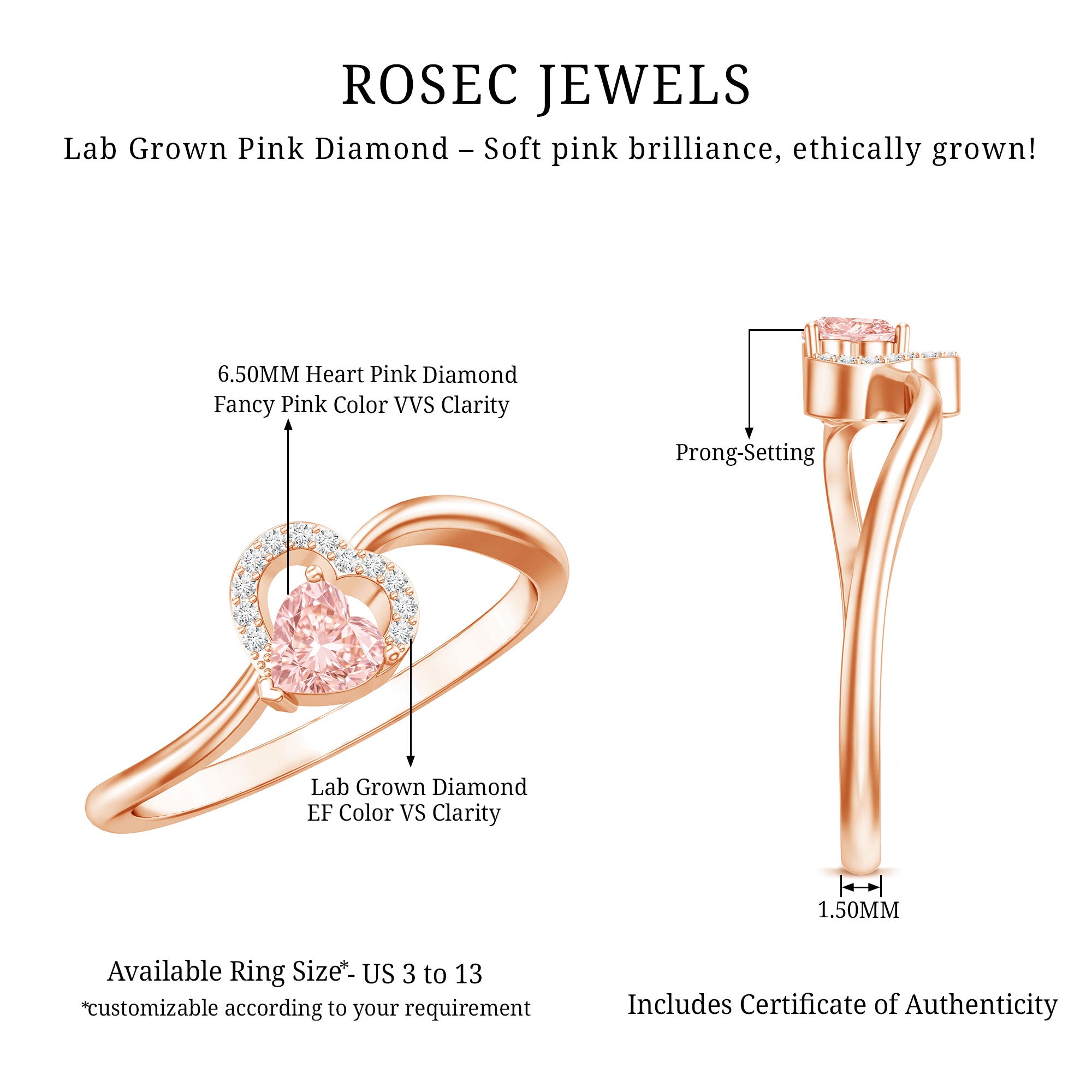 IGI Certified Lab Grown Pink Diamond Heart Promise Ring with Twisted Band E-VS1 - Rosec Jewels