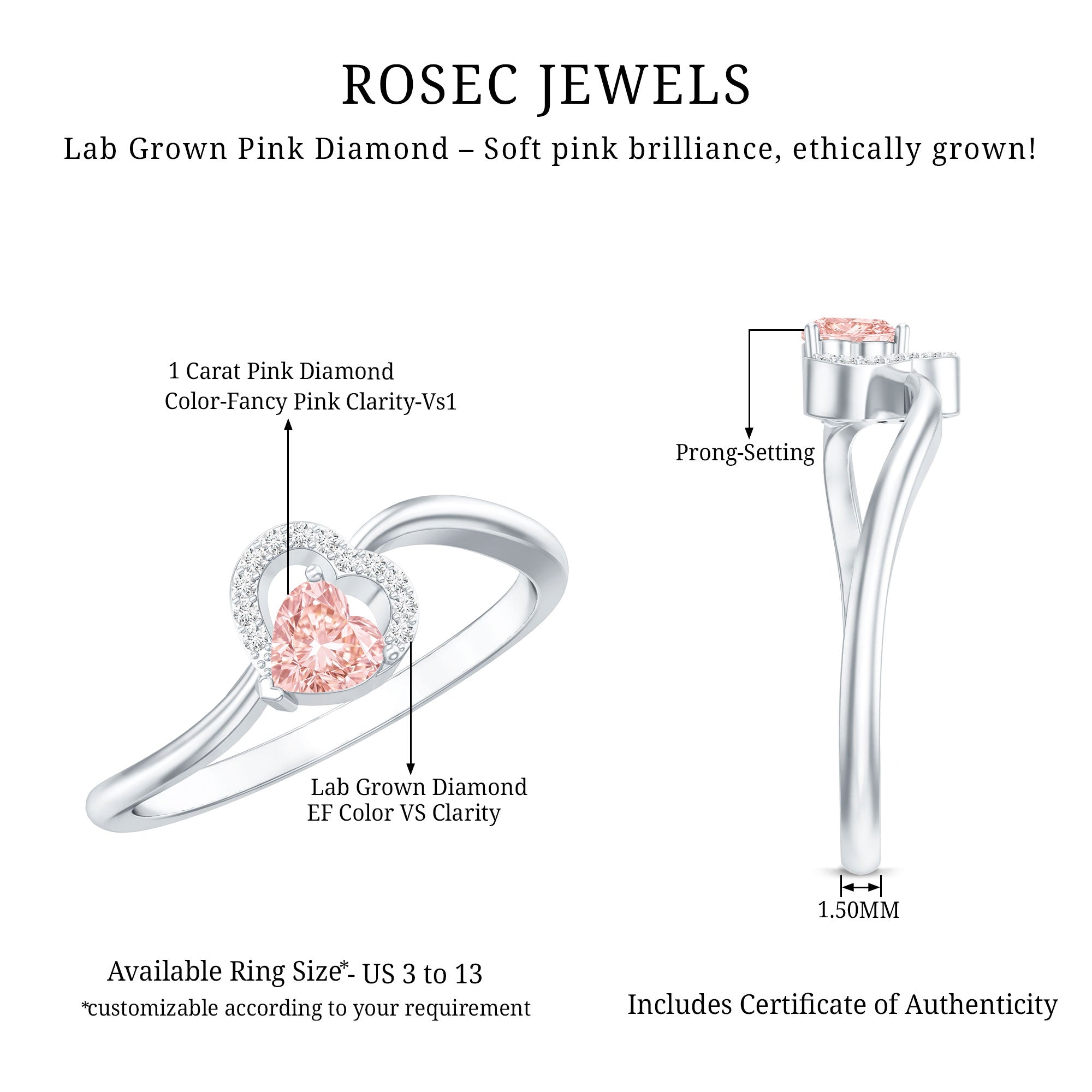 IGI Certified Lab Grown Pink Diamond Heart Promise Ring with Twisted Band Fancy Pink - VS1 - Rosec Jewels