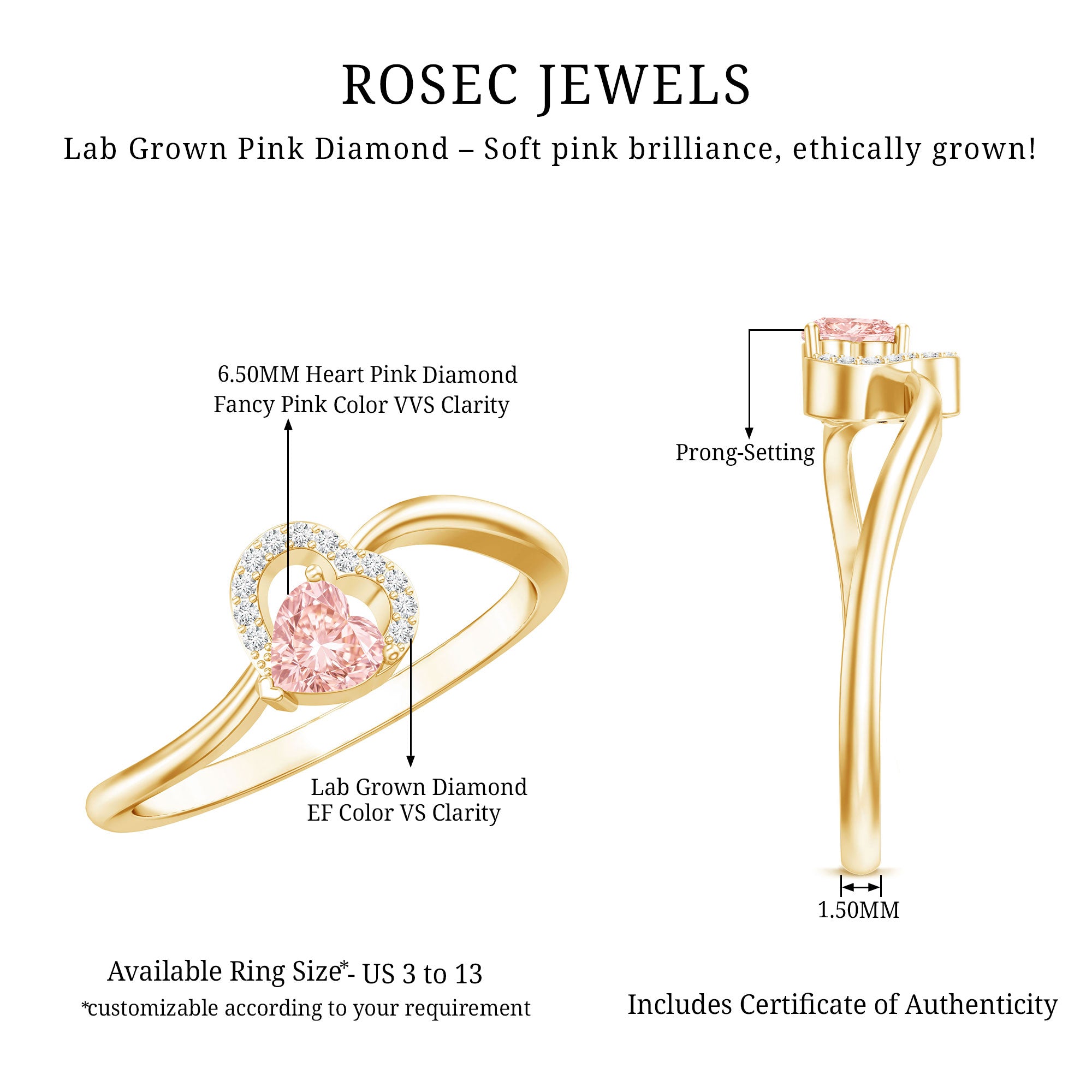 IGI Certified Lab Grown Pink Diamond Heart Promise Ring with Twisted Band E-VS1 - Rosec Jewels
