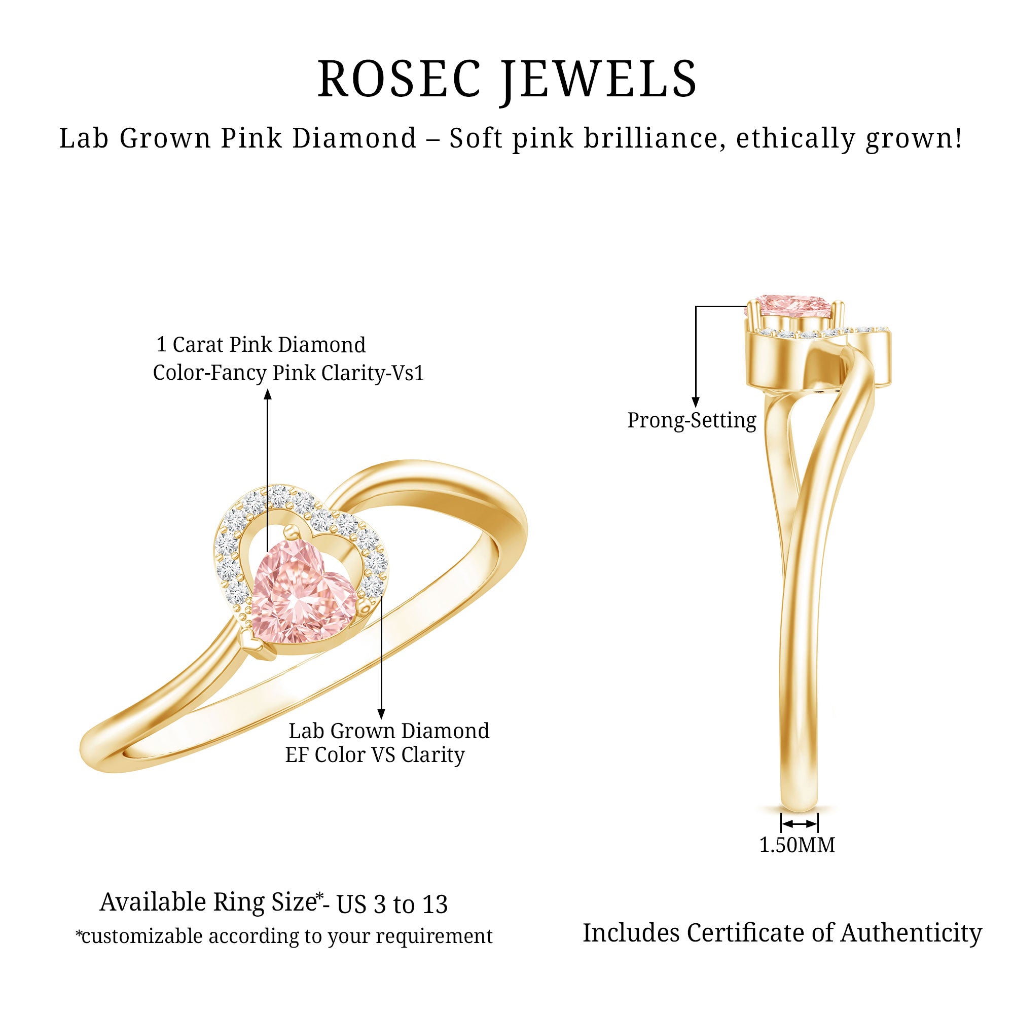 IGI Certified Lab Grown Pink Diamond Heart Promise Ring with Twisted Band Fancy Pink - VS1 - Rosec Jewels