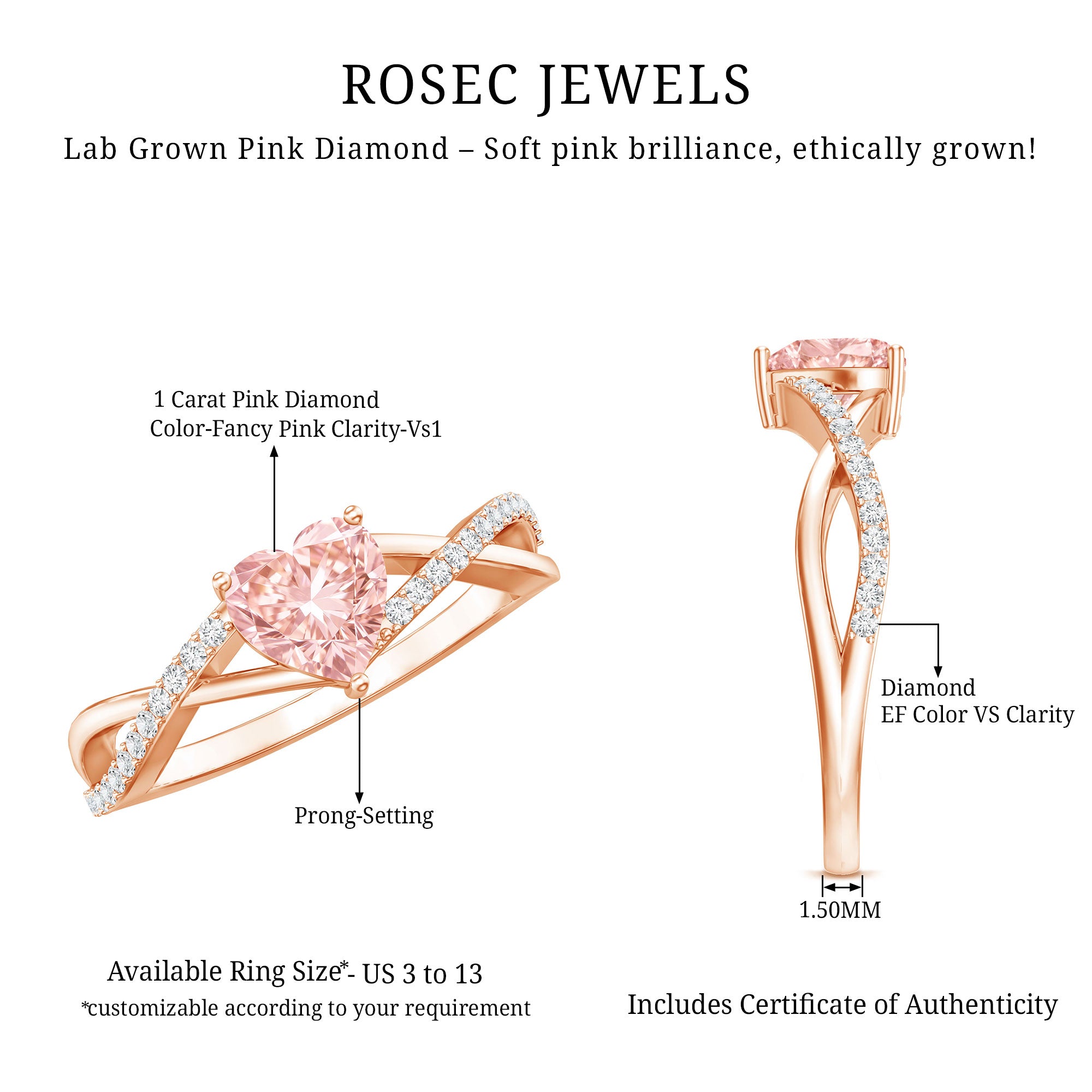 IGI Certified 1 CT Heart Shaped Lab Grown Pink Diamond Infinity Engagement Ring Fancy Pink - VS1 - Rosec Jewels