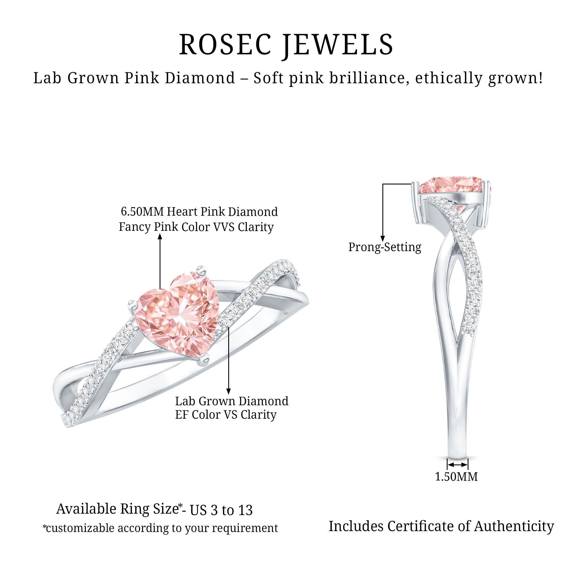 IGI Certified 1 CT Heart Shaped Lab Grown Pink Diamond Infinity Engagement Ring E-VS1 - Rosec Jewels