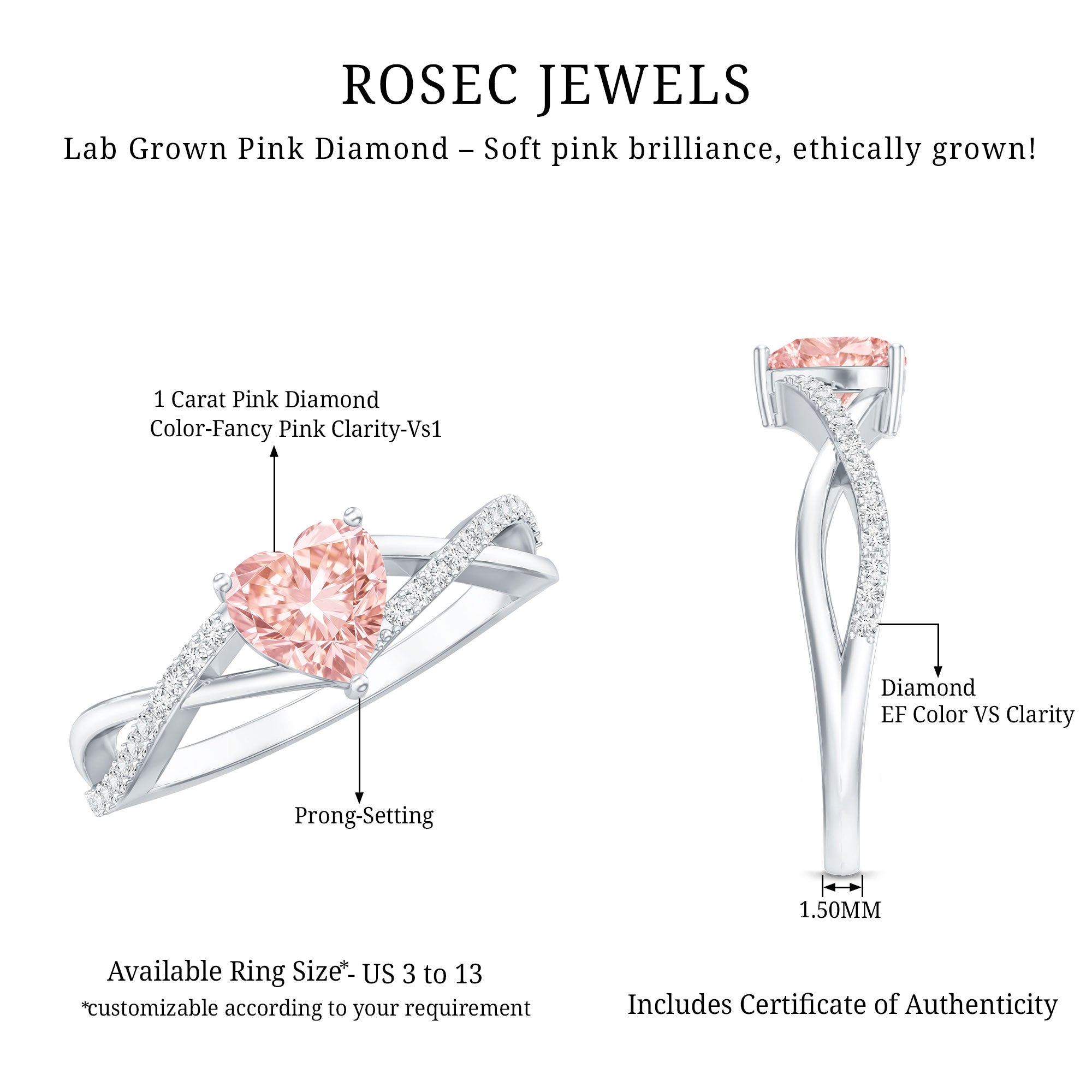 IGI Certified 1 CT Heart Shaped Lab Grown Pink Diamond Infinity Engagement Ring Fancy Pink - VS1 - Rosec Jewels