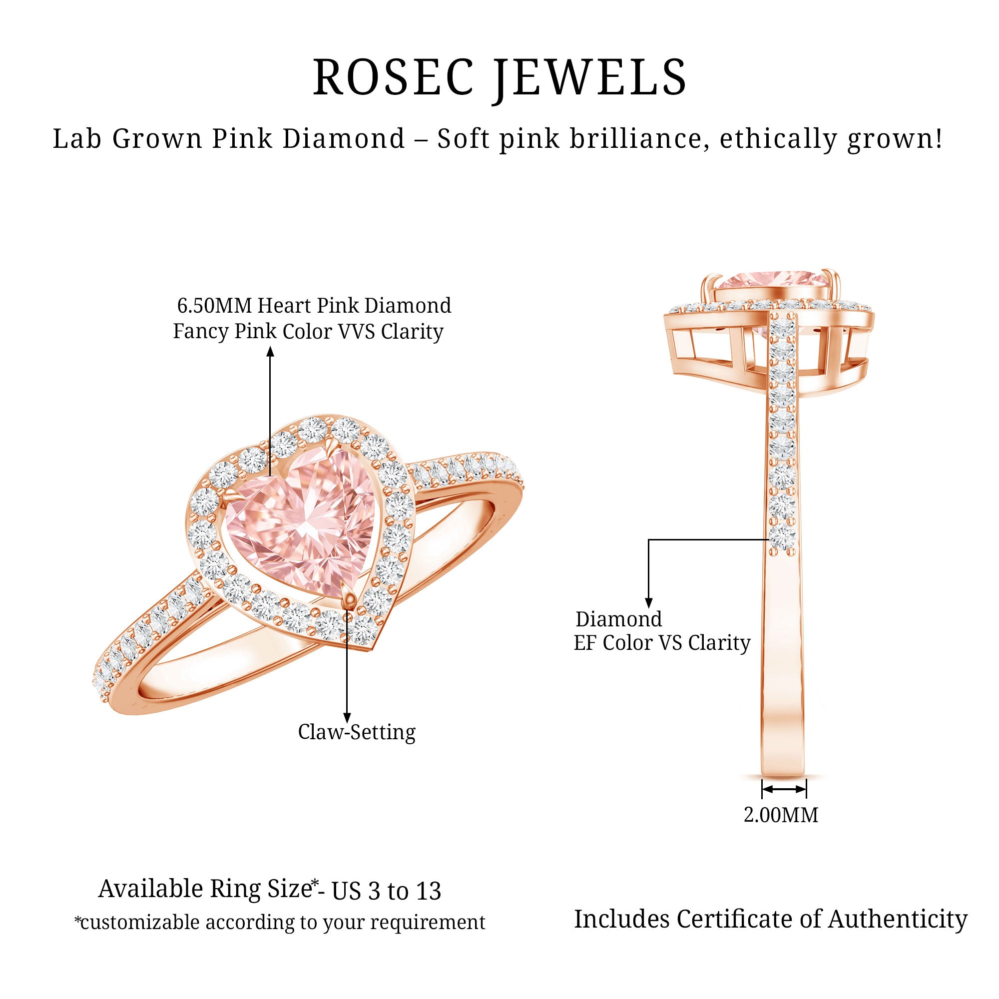Heart Shape 1 CT Lab Grown Pink White Diamond Halo Engagement Ring IGI Certified E-VS1 - Rosec Jewels