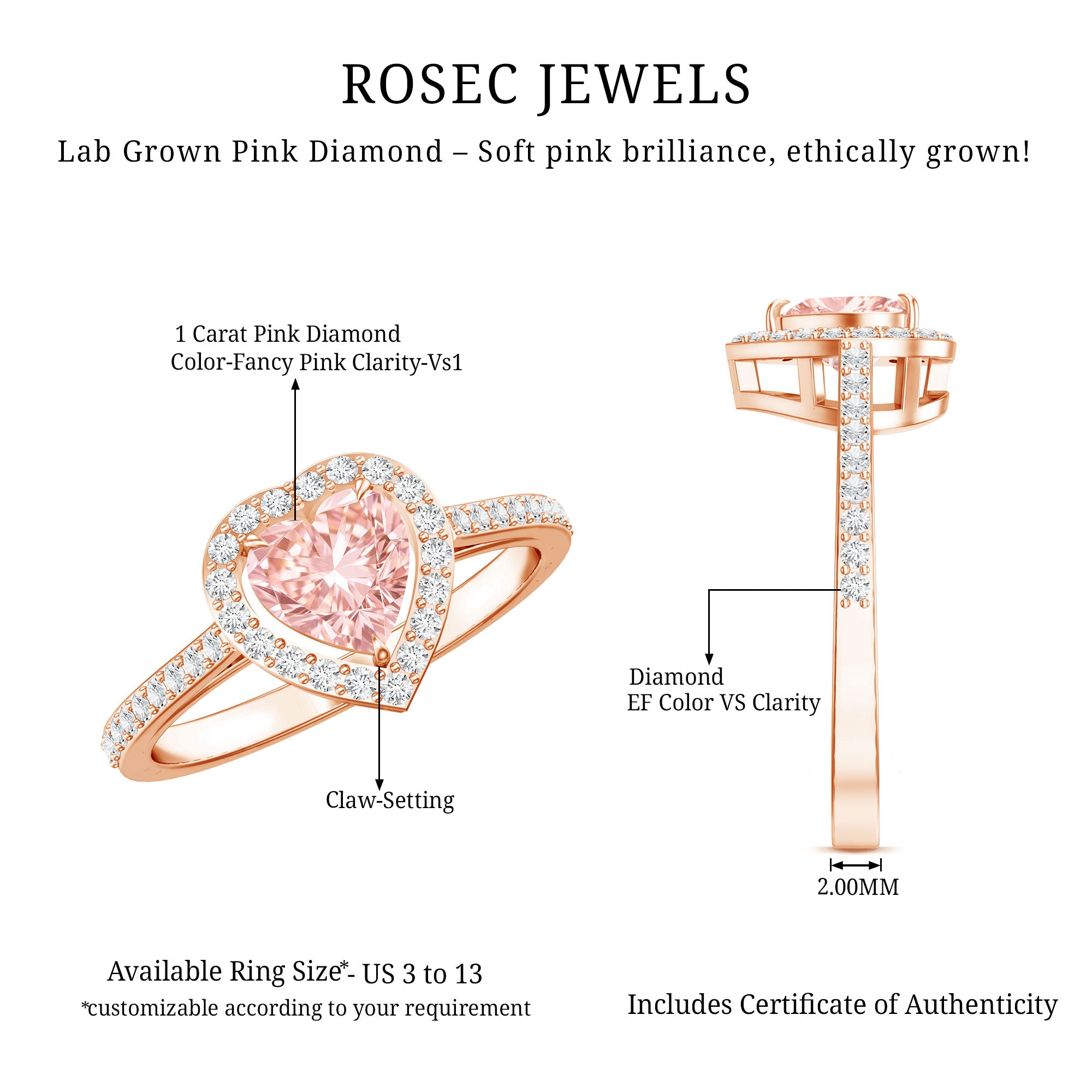 Heart Shape 1 CT Lab Grown Pink White Diamond Halo Engagement Ring IGI Certified Fancy Pink - VS1 - Rosec Jewels