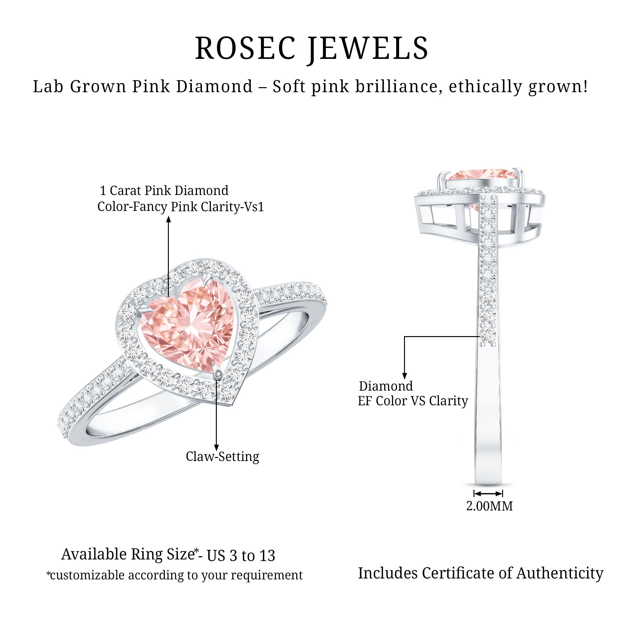 Heart Shape 1 CT Lab Grown Pink White Diamond Halo Engagement Ring IGI Certified Fancy Pink - VS1 - Rosec Jewels