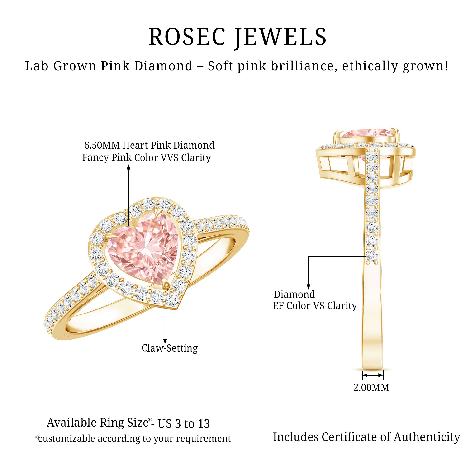 Heart Shape 1 CT Lab Grown Pink White Diamond Halo Engagement Ring IGI Certified E-VS1 - Rosec Jewels