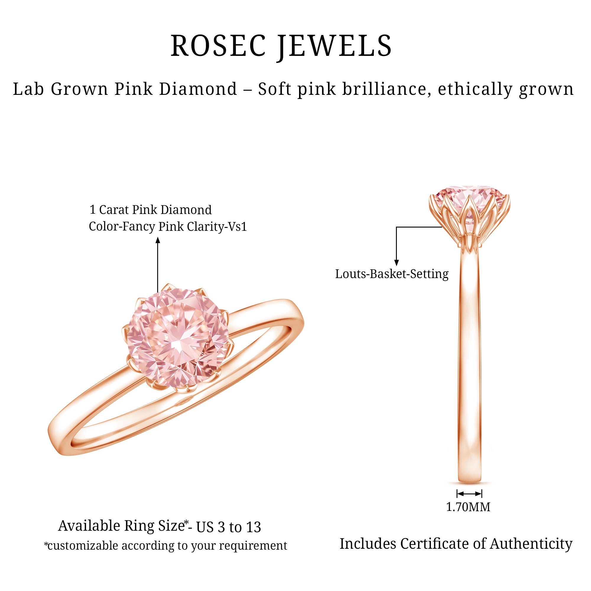 IGI Certified 1 CT Lab Grown Pink Diamond Solitaire Engagement Ring in Lotus Basket Setting Fancy Pink - VS1 - Rosec Jewels