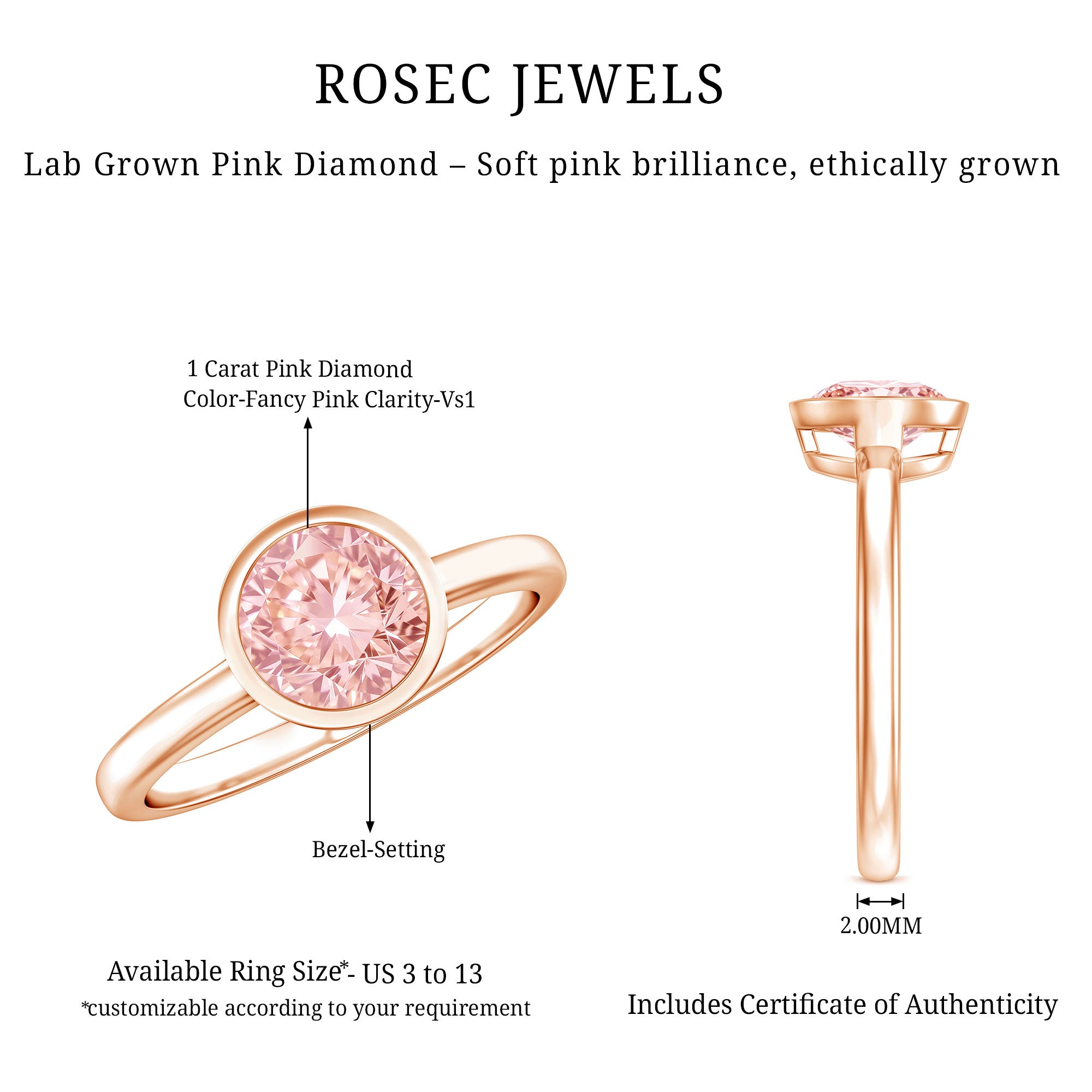 1 CT Lab Grown Pink Diamond Bezel Set Engagement Ring with IGI Certificate Fancy Pink - VS1 - Rosec Jewels