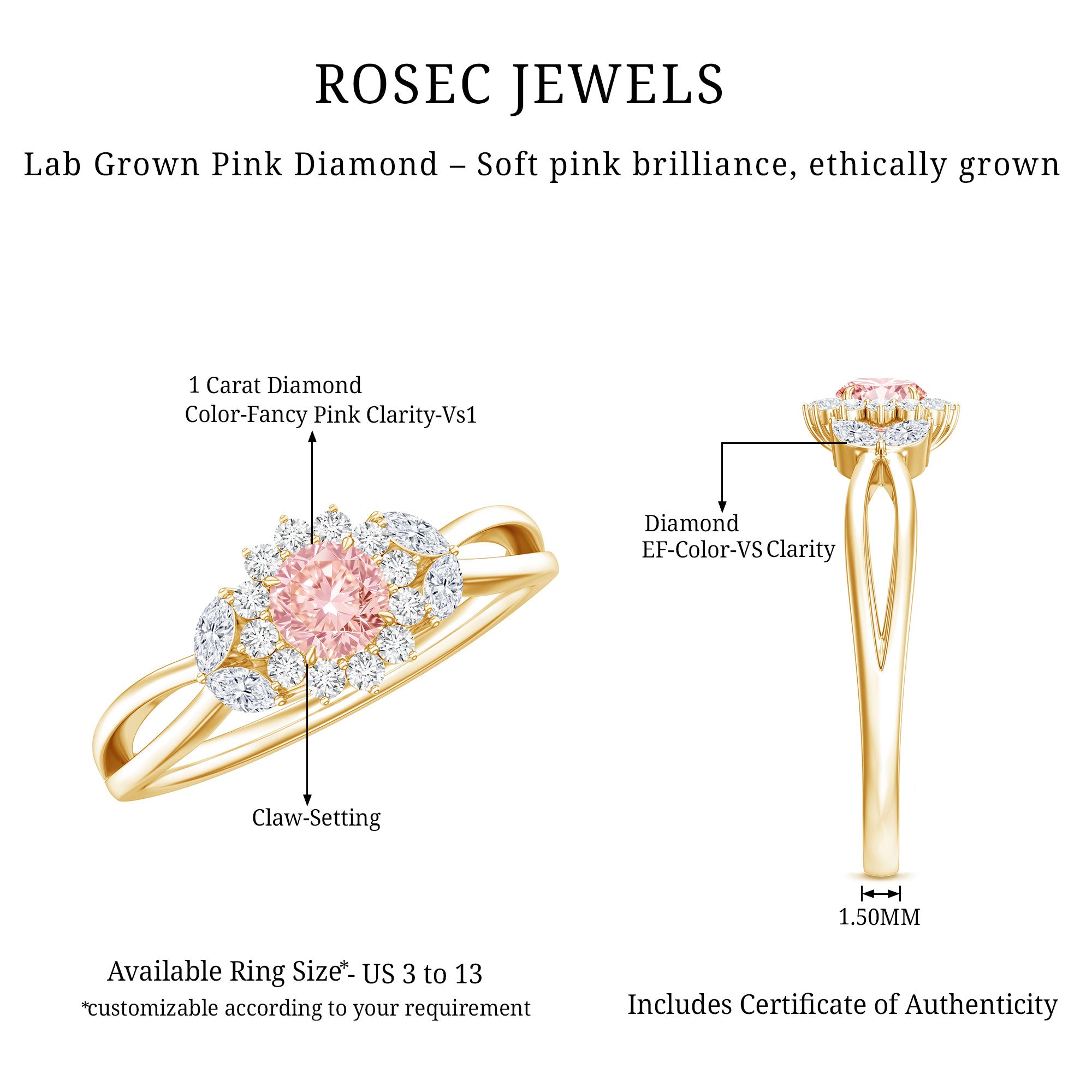 Lab Grown Pink and White Diamond Flower Engagement Ring IGI Certified Fancy Pink - VS1 - Rosec Jewels