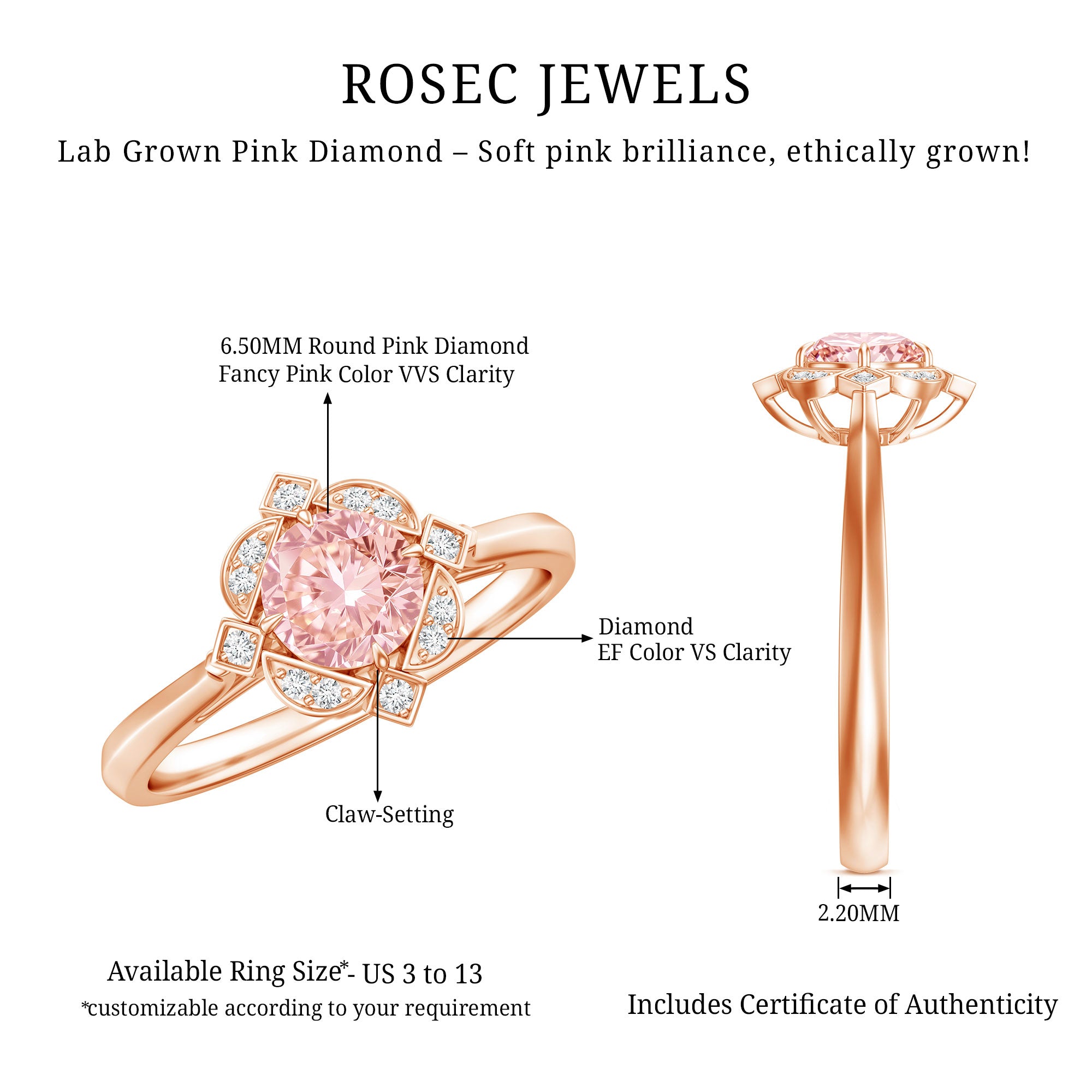 Vintage Inspired Lab Grown Pink Diamond Engagement Ring with IGI Certificate E-VS1 - Rosec Jewels