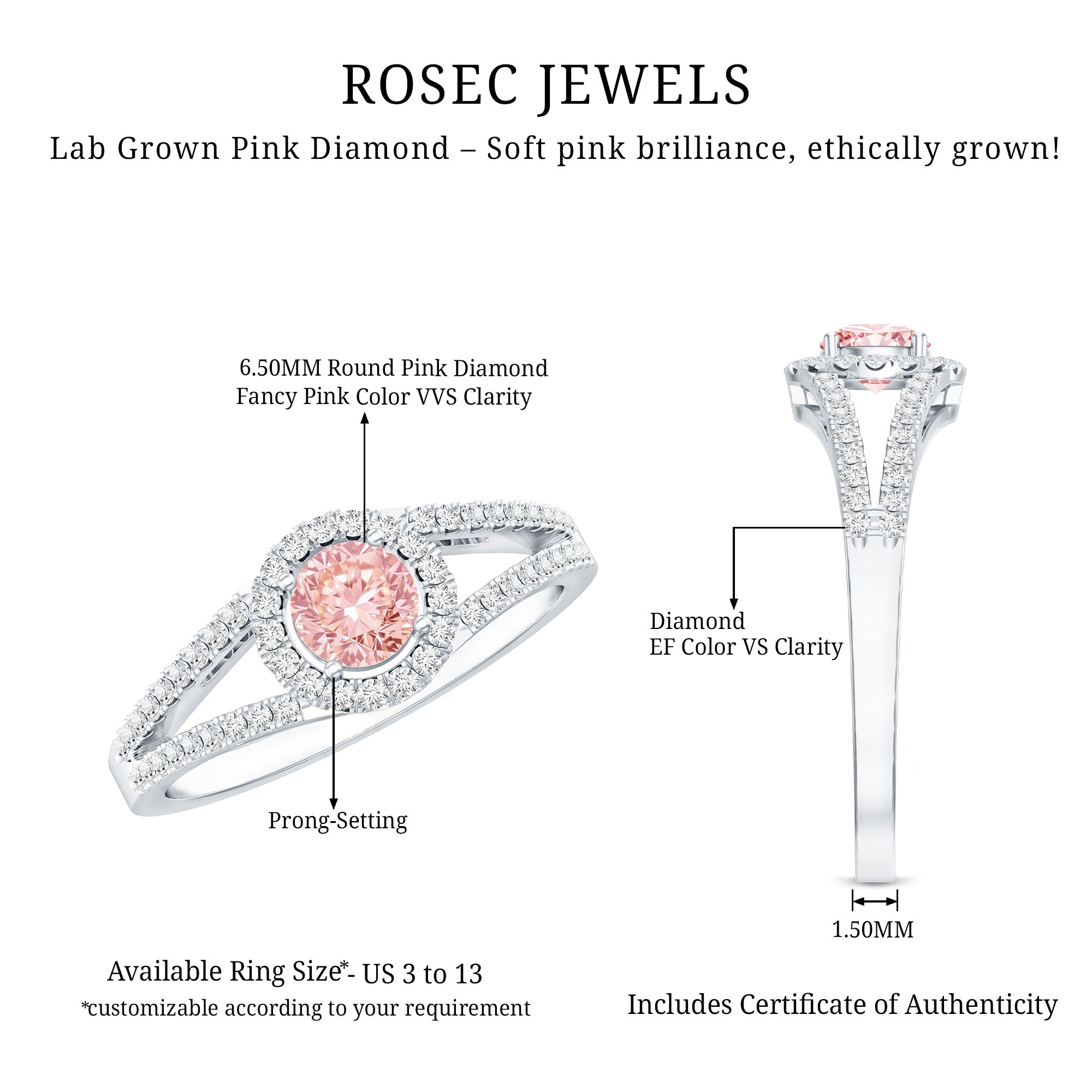 IGI Certified 1 CT Pink Lab Grown Diamond Halo Engagement Ring E-VS1 - Rosec Jewels
