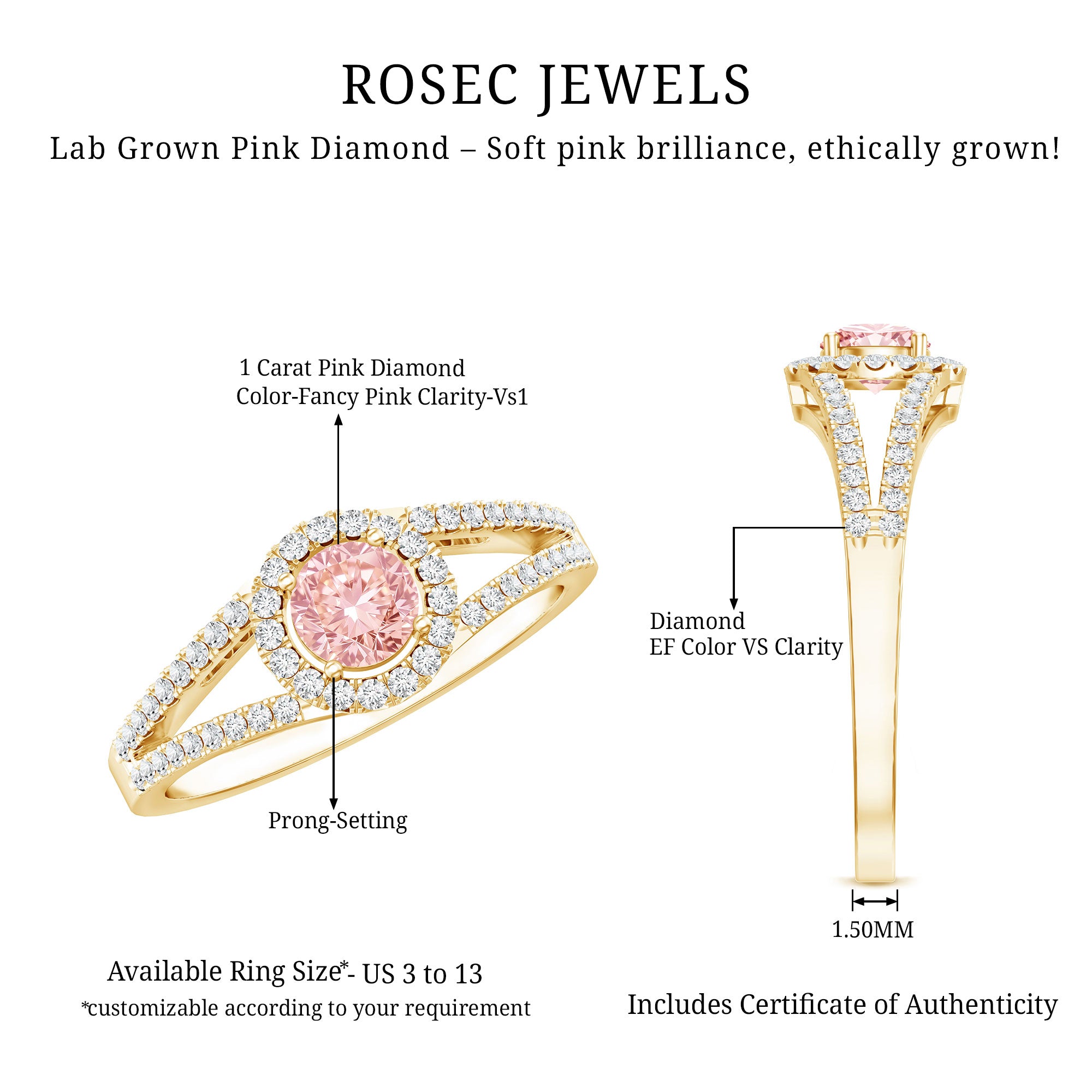IGI Certified 1 CT Pink Lab Grown Diamond Halo Engagement Ring Fancy Pink - VS1 - Rosec Jewels