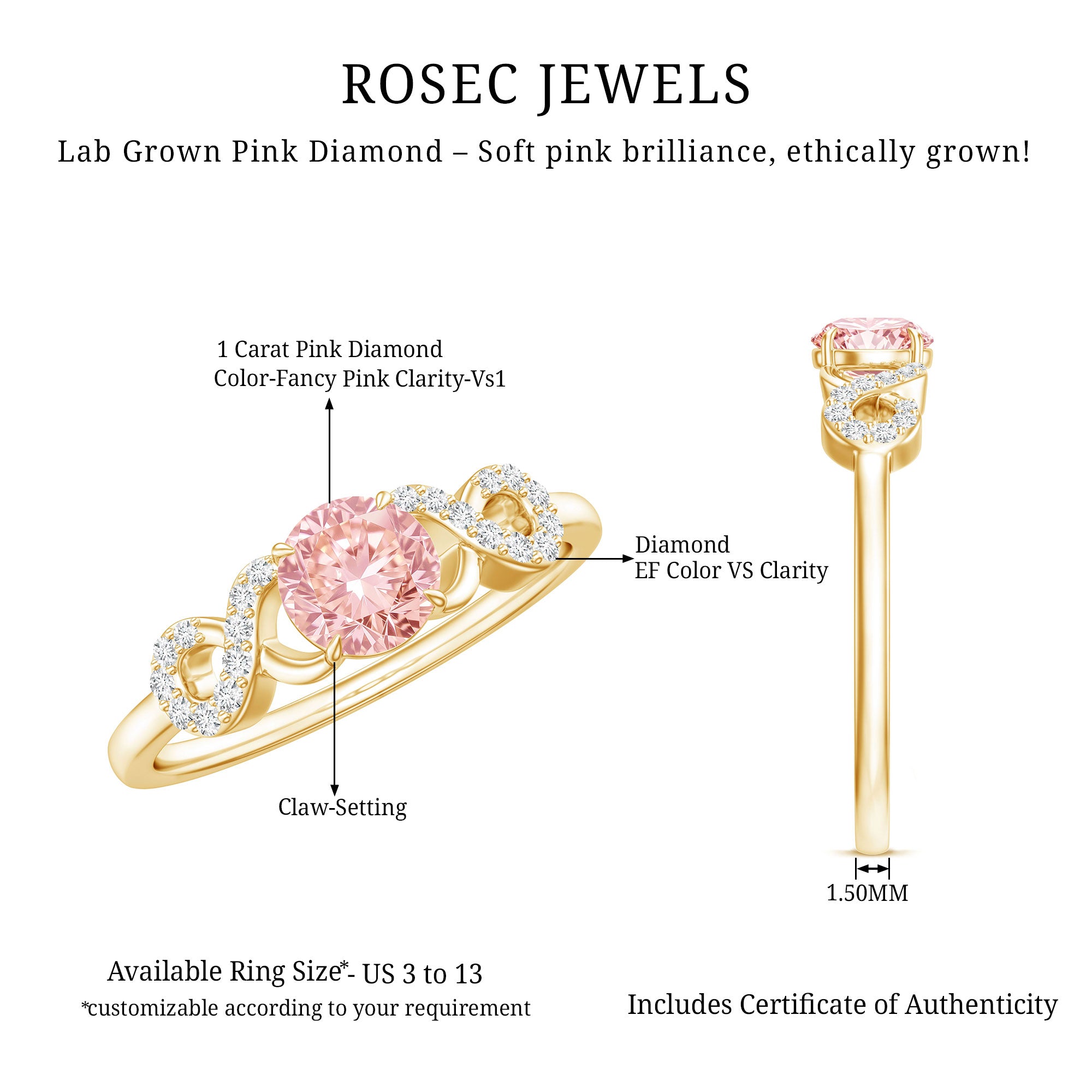 IGI Certified Lab Grown Pink Diamond Infinity Engagement Ring Fancy Pink - VS1 - Rosec Jewels