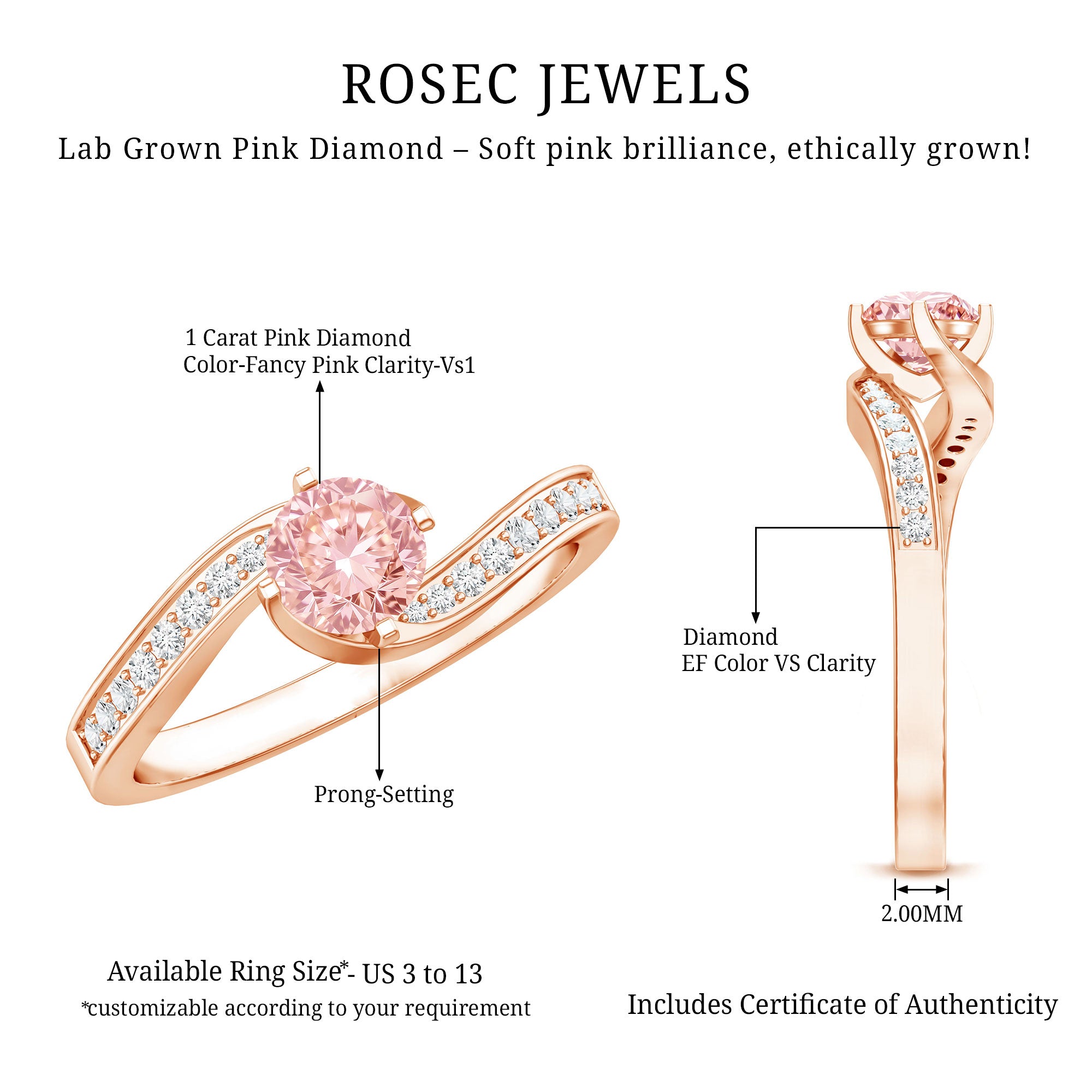Lab Grown Pink Diamond Bypass Engagement Ring with IGI Certificate Fancy Pink - VS1 - Rosec Jewels