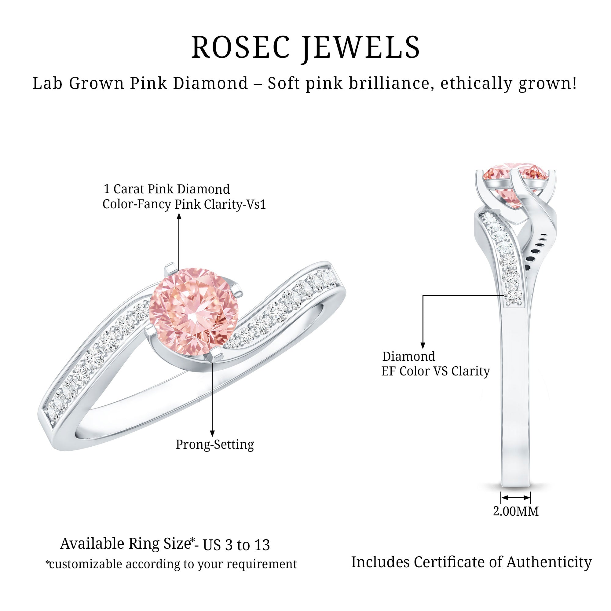 Lab Grown Pink Diamond Bypass Engagement Ring with IGI Certificate Fancy Pink - VS1 - Rosec Jewels