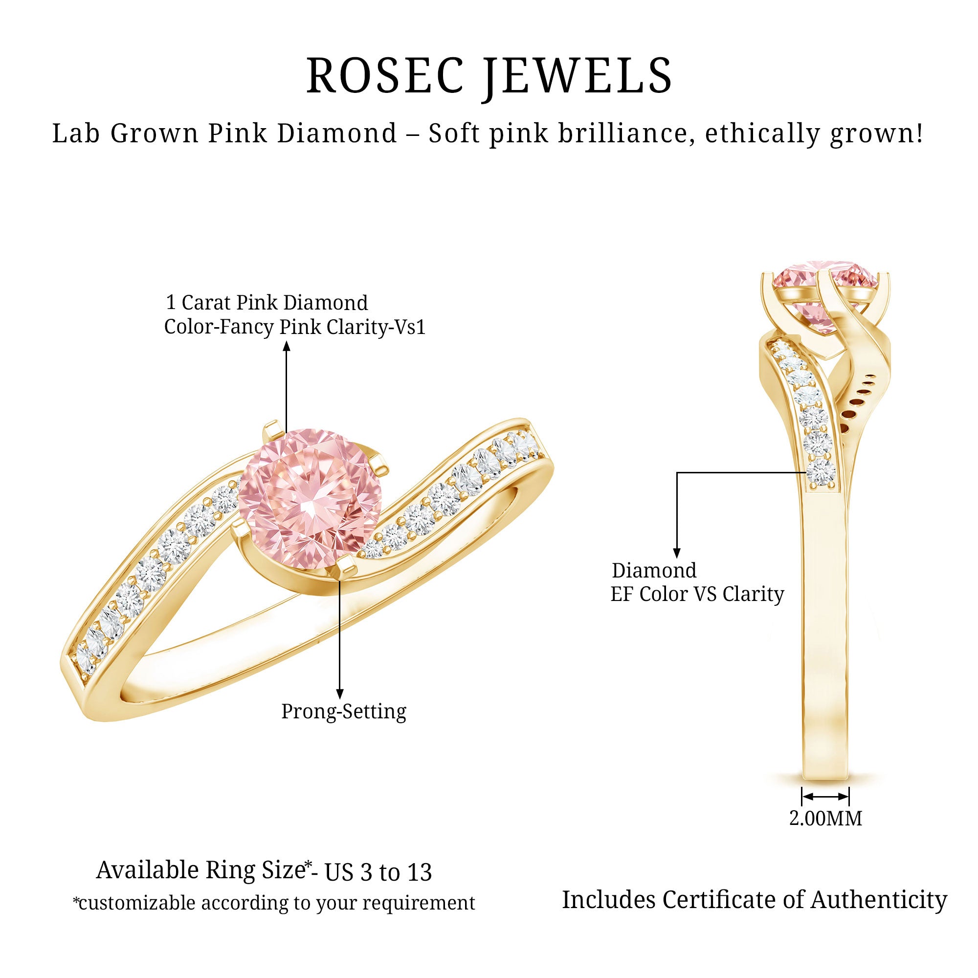 Lab Grown Pink Diamond Bypass Engagement Ring with IGI Certificate Fancy Pink - VS1 - Rosec Jewels