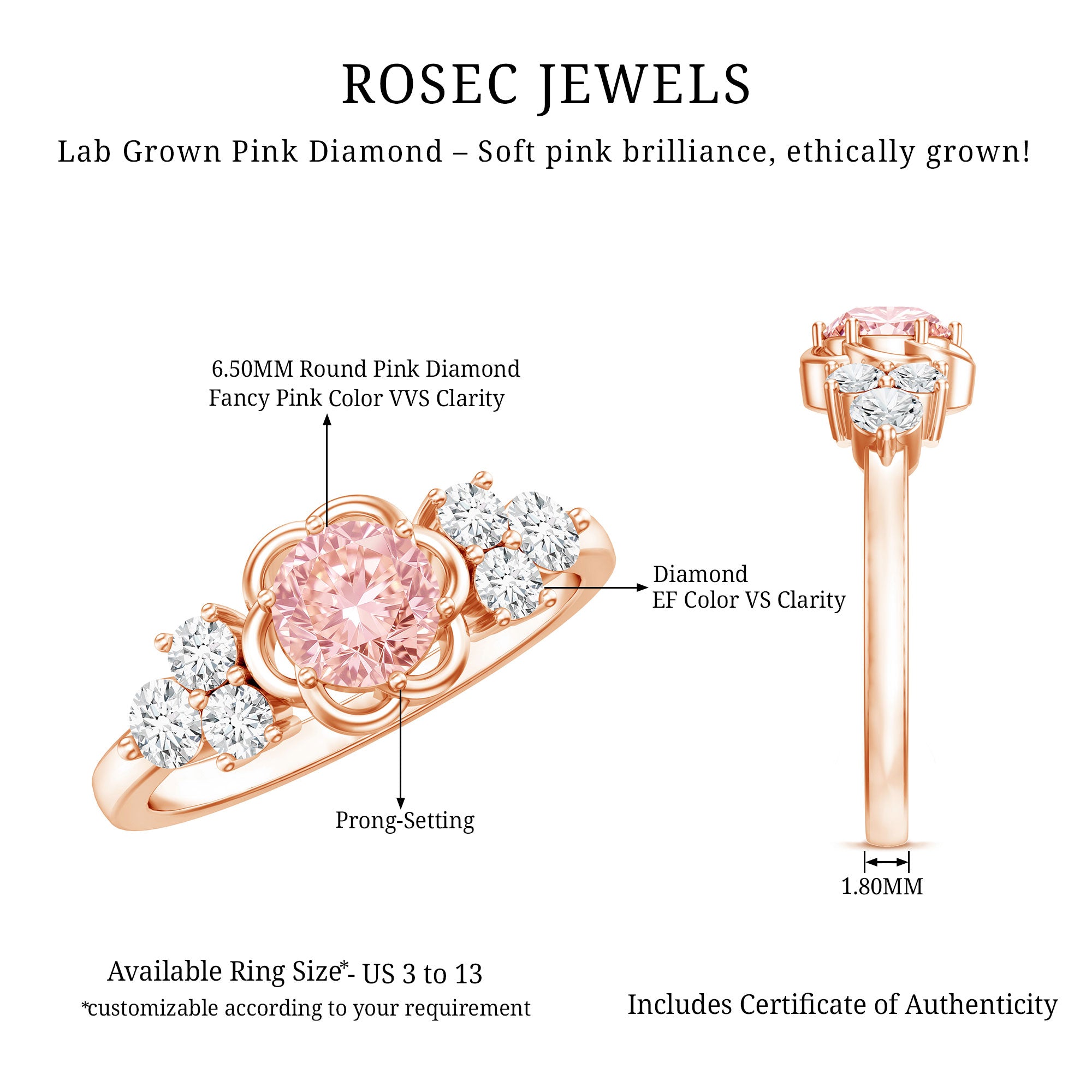 Nature Inspired Lab Grown Pink Diamond Flower Engagement Ring with IGI Certificate E-VS1 - Rosec Jewels