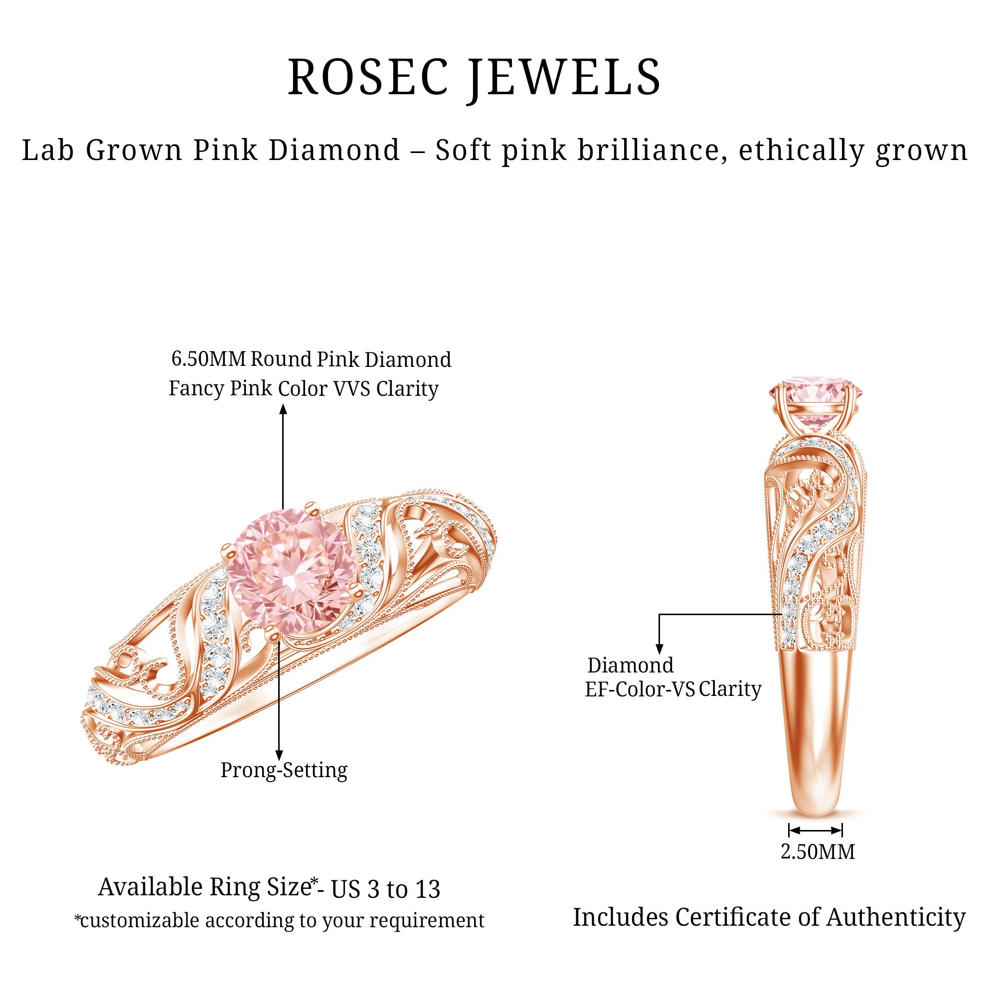 Lab Grown Pink Diamond Vintage Inspired Engagement Ring IGI Certified Fancy Pink - VS1 - Rosec Jewels